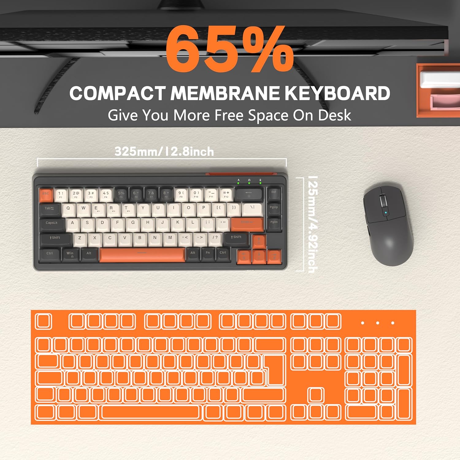 FREEWOLF M68 65% Wireless Gaming Keyboard,Bluetooth/2.4GHz/ Wired Tri-Mode Silent Membrane Keyboard,PBT Keycaps,2000mAH Rechargeable,67 Keys Rainbow LED Backlit PC Gaming Keyboard for Win/Mac-Shimmer