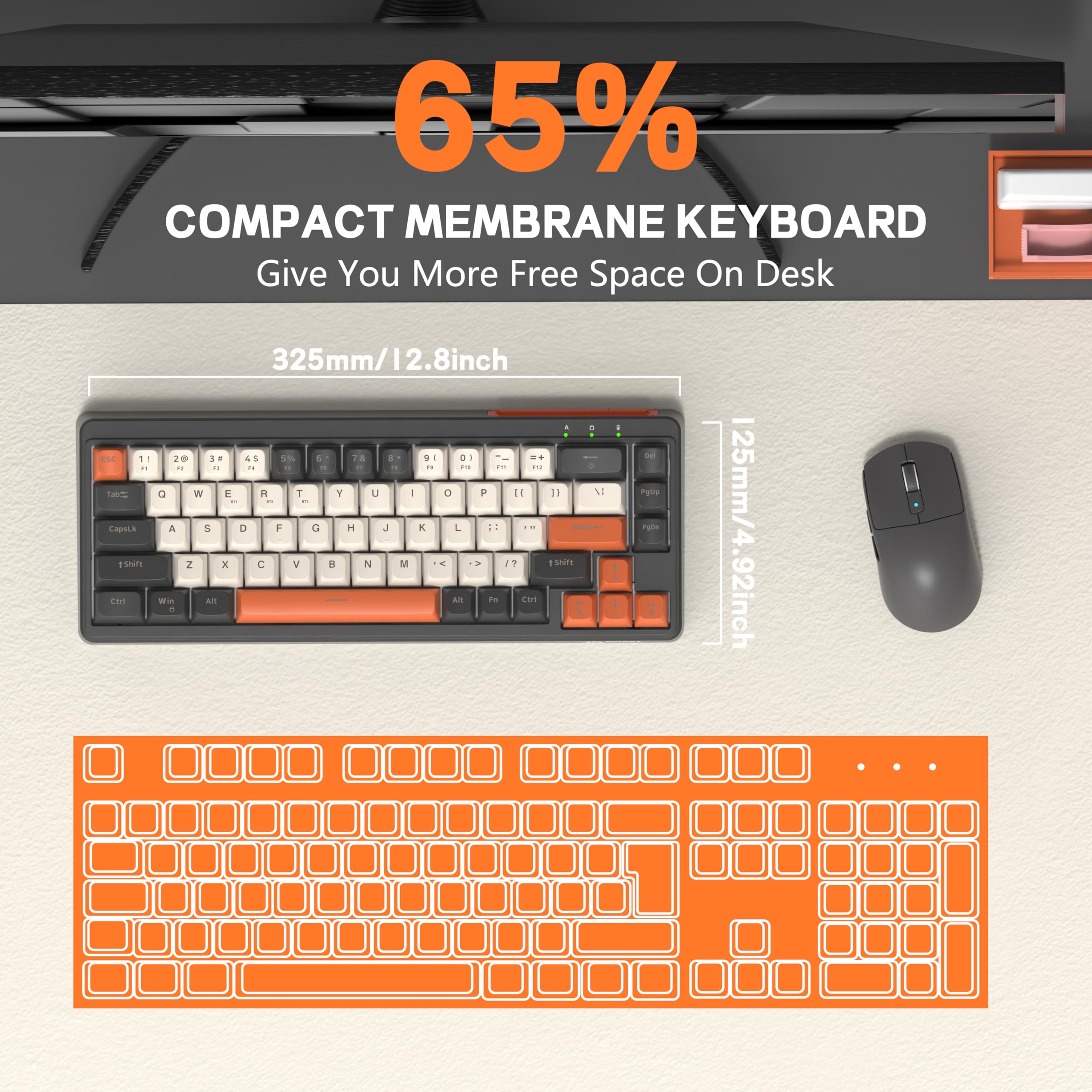 LexonElec X FREEWOLF M68 Tastiera Gaming Wireless 65%, QWERTY, BT/2.4G/Cablata, Tastiera a Membrana Silenziosa, Retroilluminazione Arcobaleno, 67 Tasti con Tasti in PBT, 2000mAh, Portatile - Grigia