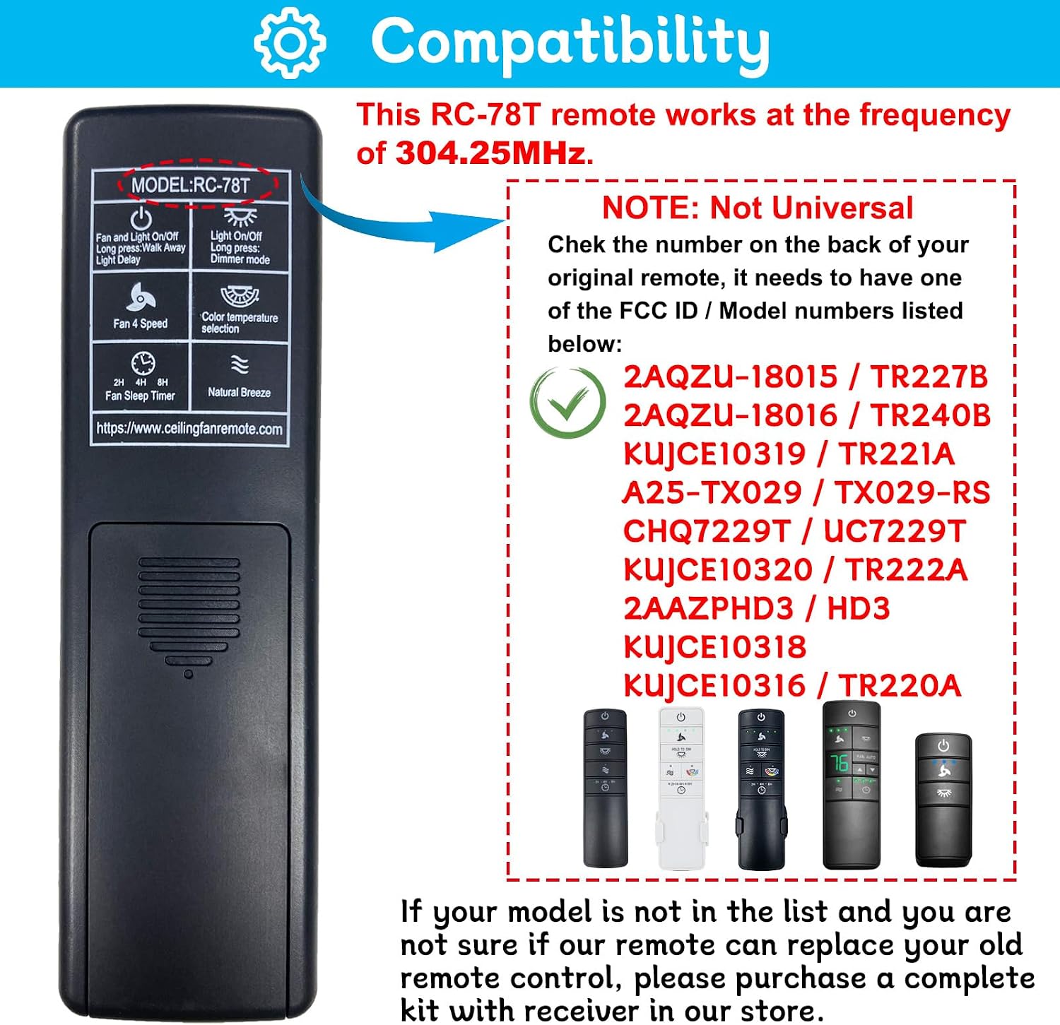 TR227B Ceiling Fan Remote Control Replacement, 4 Speed, Color Temperature | Compatible with Hampton Bay 2AQZU-18015, UC7229T, TX029-RS, TR221A, KUJCE10319, Light Dimmer, Timer, 304.25MHz (Remote Only）