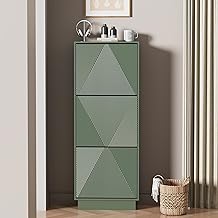 UEV Ultra-Thin Shoe Cabinet with 3 Flaps - Retro Green Design Shoe Cabinet with Linear Patterns - Space Saving Storage for Entryway and Narrow Hallway - 50 x 24 x 131 cm