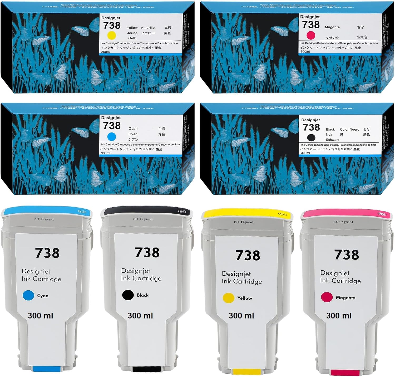 738 Ink Cartridge 300ml Compatible for DesignJet T850 T950 Printer Replacement for HP 738 Ink Cartridge 498N8A 676M6A 676M7A 676M8A 4-Pack (Black Cyan Magenta Yellow)