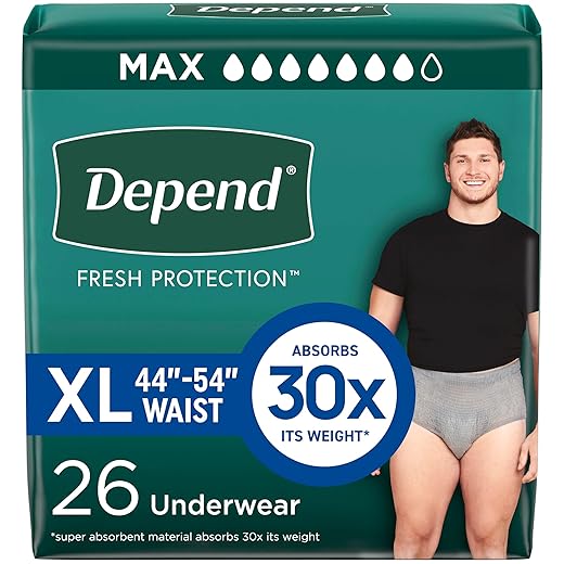 Depend Fresh Protection Adult Incontinence Underwear for Men (Formerly Depend Fit-Flex), Disposable, Maximum, Extra-Large, Grey, 26 Count, Packaging May Vary