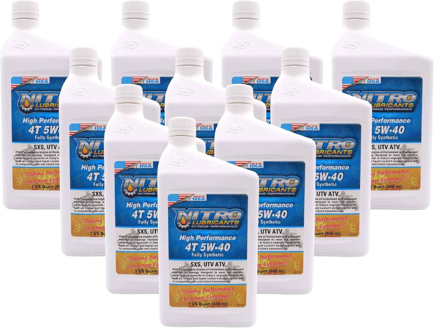 Nitro Lubricants 5W-40 4 Stroke Engine Oil – Semi-Synthetic, High Performance Formula for Motorcycles, ATVs & UTVs – Racing & Off-Road – Advanced Additive Technology – 1 Quart – Made in USA (10-Pack)