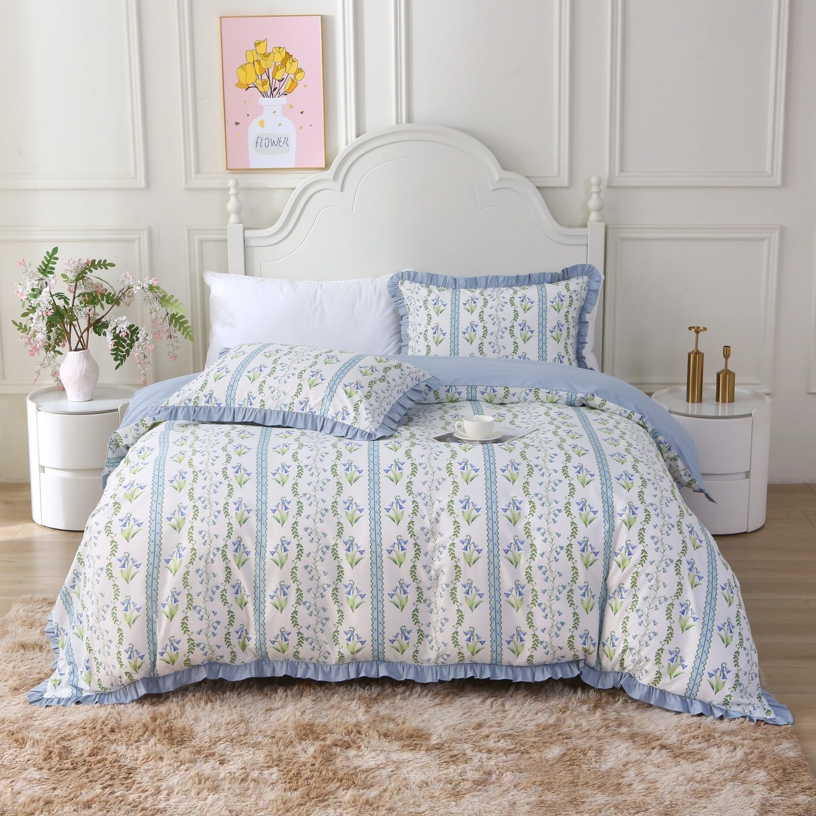 USTIDE Duck Egg Blue Floral Duvet Cover Set with Ruffle Trim, 100% Cotton Cottage Style Bedding Set with 2 Pillowcases King Size Quit Cover Set