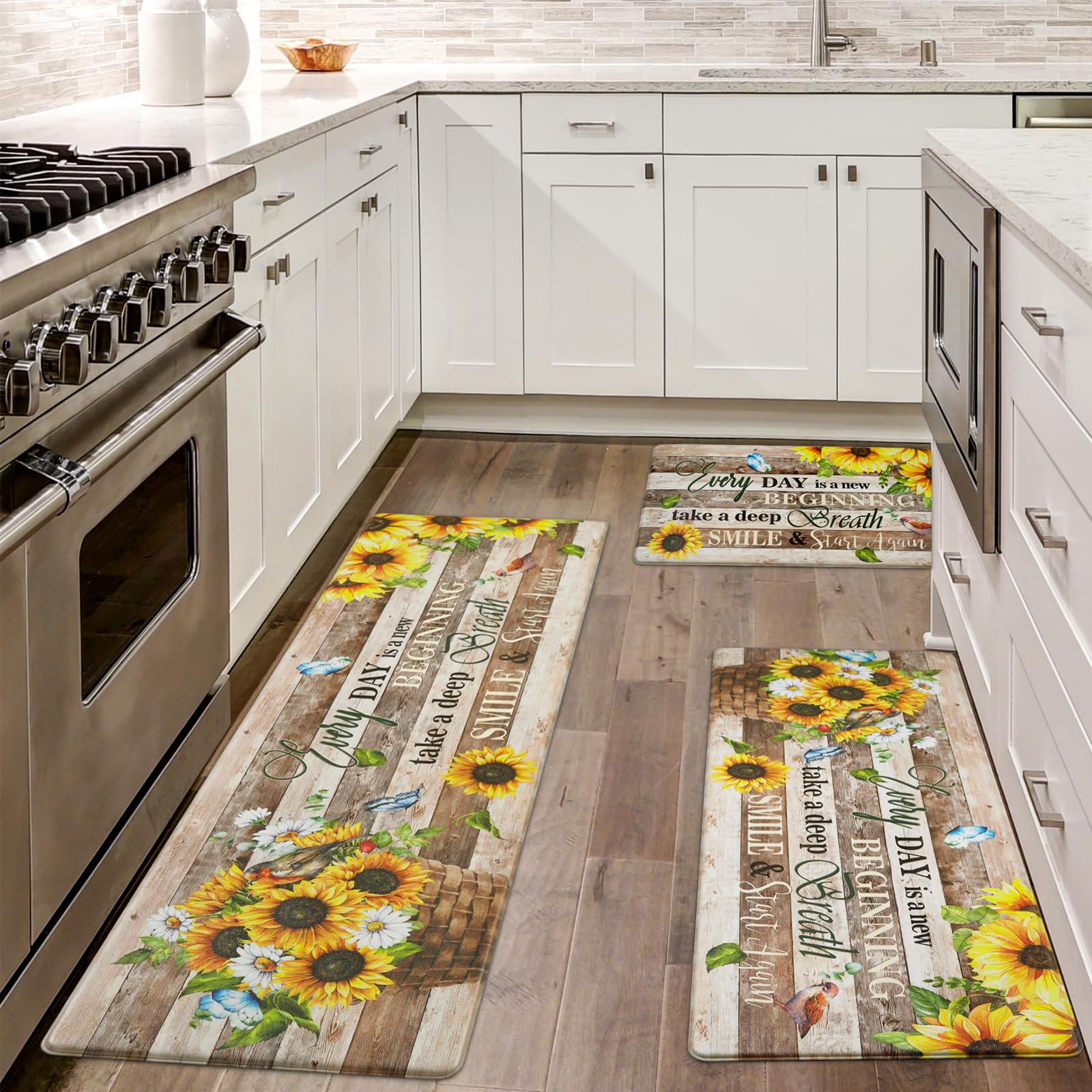Likiyol Sunflower Kitchen Mats for Floor [3 PCS] Anti Fatigue Mats for Kitchen Floor, Floral Farmhouse Kitchen Rugs Non Slip Washable Comfort Kitchen Decor Mat, 18'' x 30'' + 18'' x 48'' + 18'' x 60''