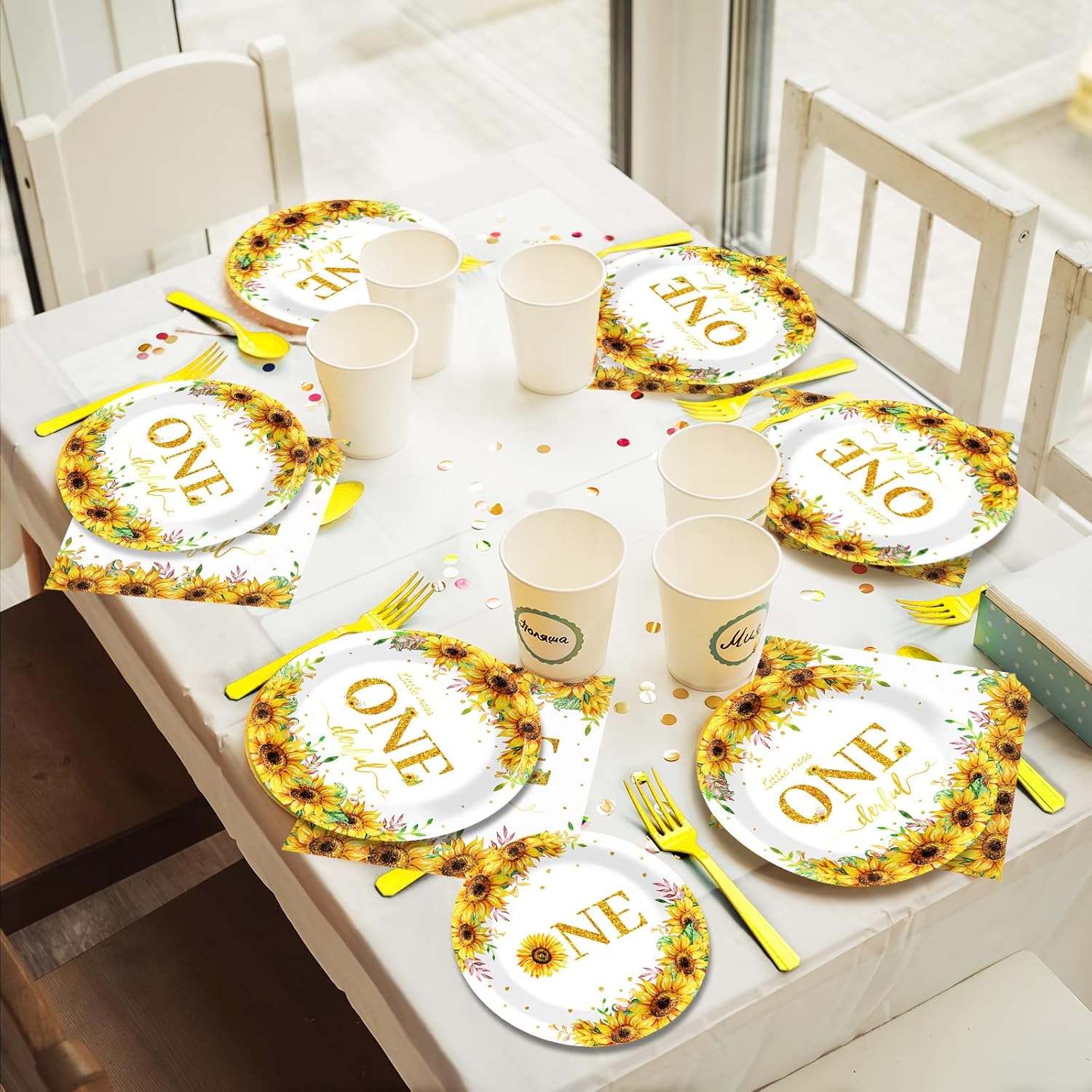 96Pcs Sunflower 1st Birthday Party Supplies Baby Girl Little Miss Paper Plates Napkins Sun Flower Party Decorations First Birthday Dinnerware Favor Tableware Serves 24