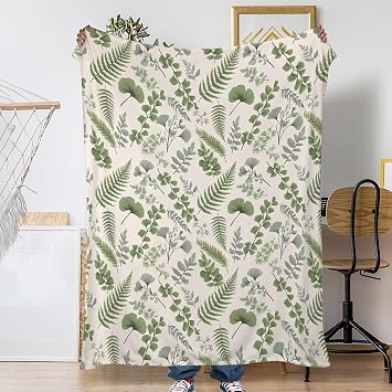 Green Leaves Throw Blanket for Couch Home Decoration,Herb Leaf Cozy Fluffy Blanket,Decorative Flannel Fleece Fall Throw for Sofa Living Room Travel,Camping,Naps,Reading50 X 60 Inch