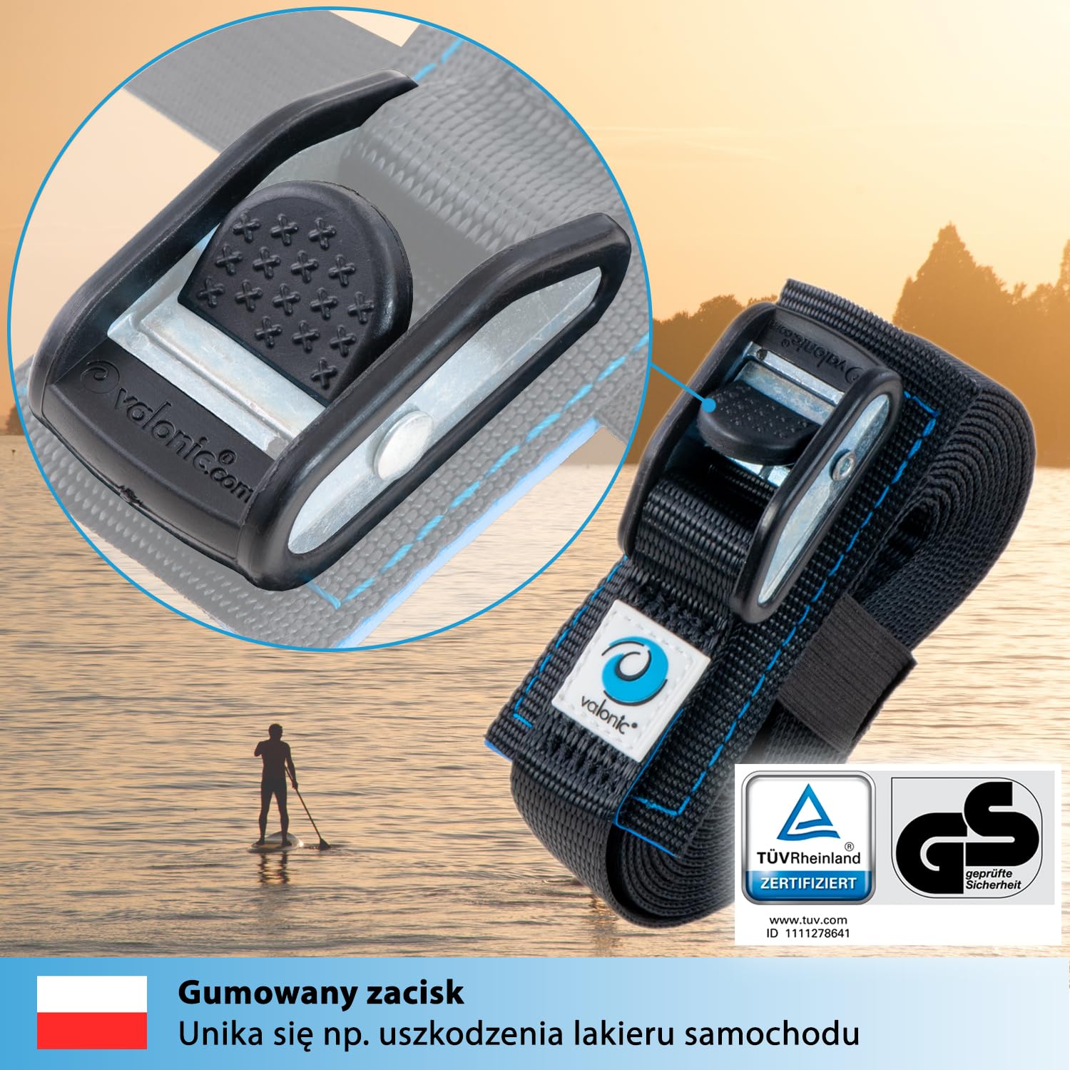 valonic Dolphin - 2x 2m Pasy mocujące, 25mm, 500Kg, wyściełane, certyfikat TÜV Rheinl. / GS, EN-12195-2 - Pas mocujący z zamkiem zaciskowym do samochodowego bagażnika dachowego, deski SUP