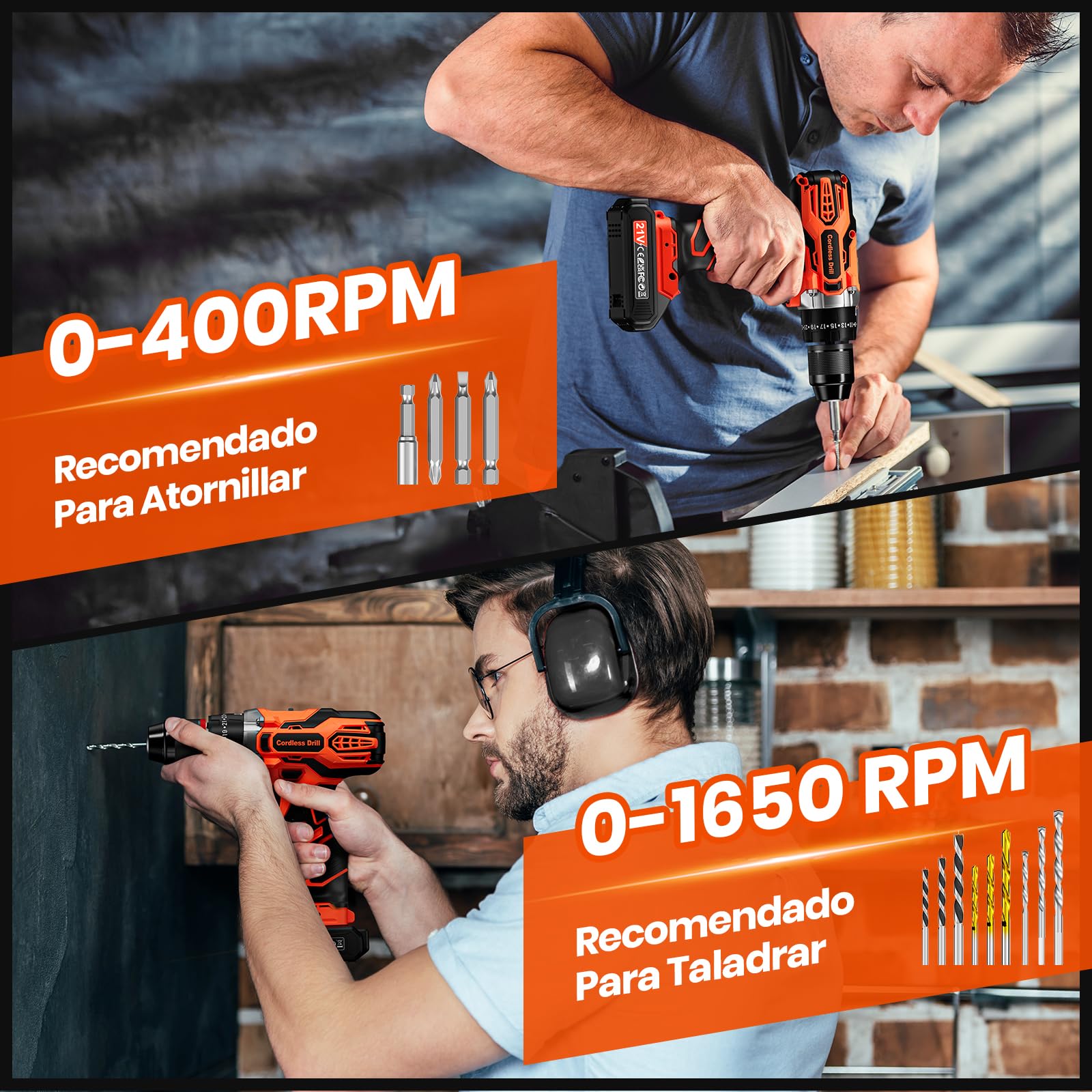 Taladro Percutor a Bateria 21V, Taladro Atornillador Batería 2 Baterías de 2,0Ah, Taladro Inalámbrico 45Nm, 2 Velocidades, 25+3 Torque, 10mm Mandril de Metal, Accesorios de 29 Piezas con Maletín