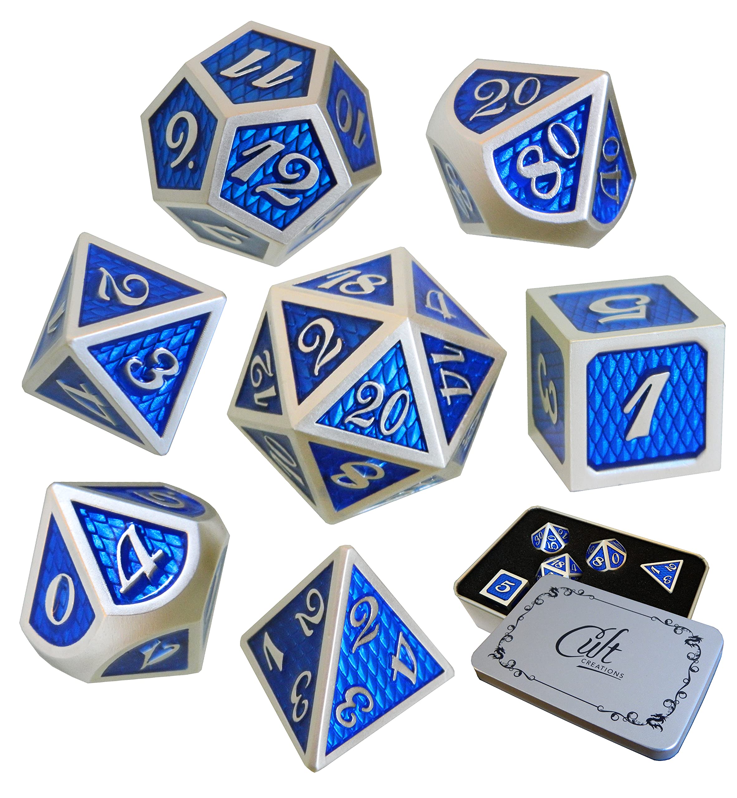 Cult Creations Polyhedral Metal Dice Set with Carry Case for Table Top Gaming Role Playing Games DND D&D Dungeons and Dragons. Set of 7 dice. (Dragon Blue)