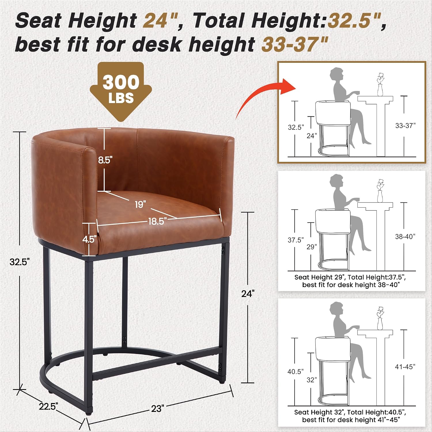 HNY Modern Barrel Counter Height Bar Stools Set of 3, 24 Inch Kitchen Bar Stools with Back, PU Leather Barstools Bar Height for Island with Black Metal Tubular Frame, Brown