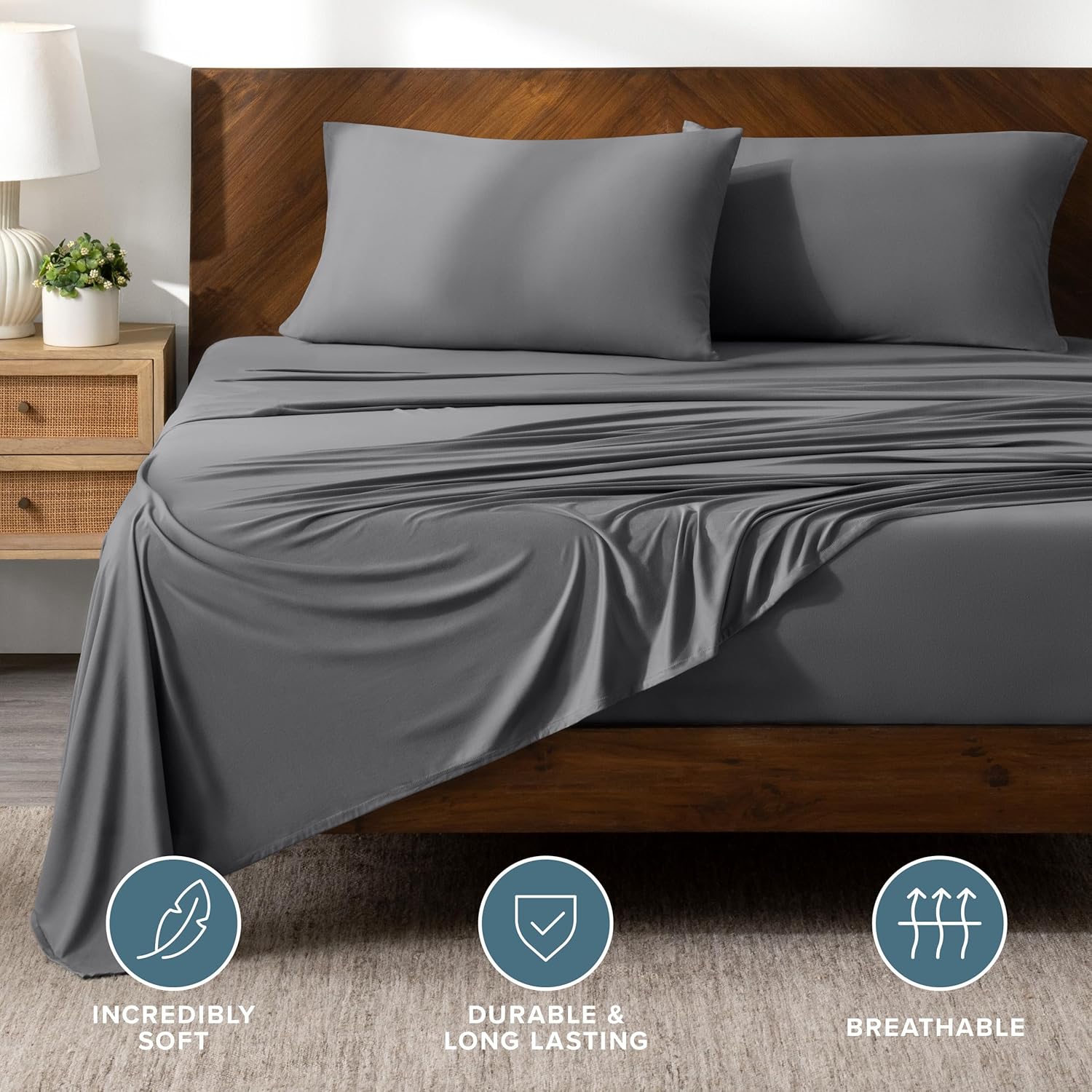 Bare Home Cooling Performance Jersey Knit Stretch Sheet Set, Moisture-Wicking & Breathable, 4-Way Stretch Bed Sheets, Envelope Pillowcases (King, Grey)