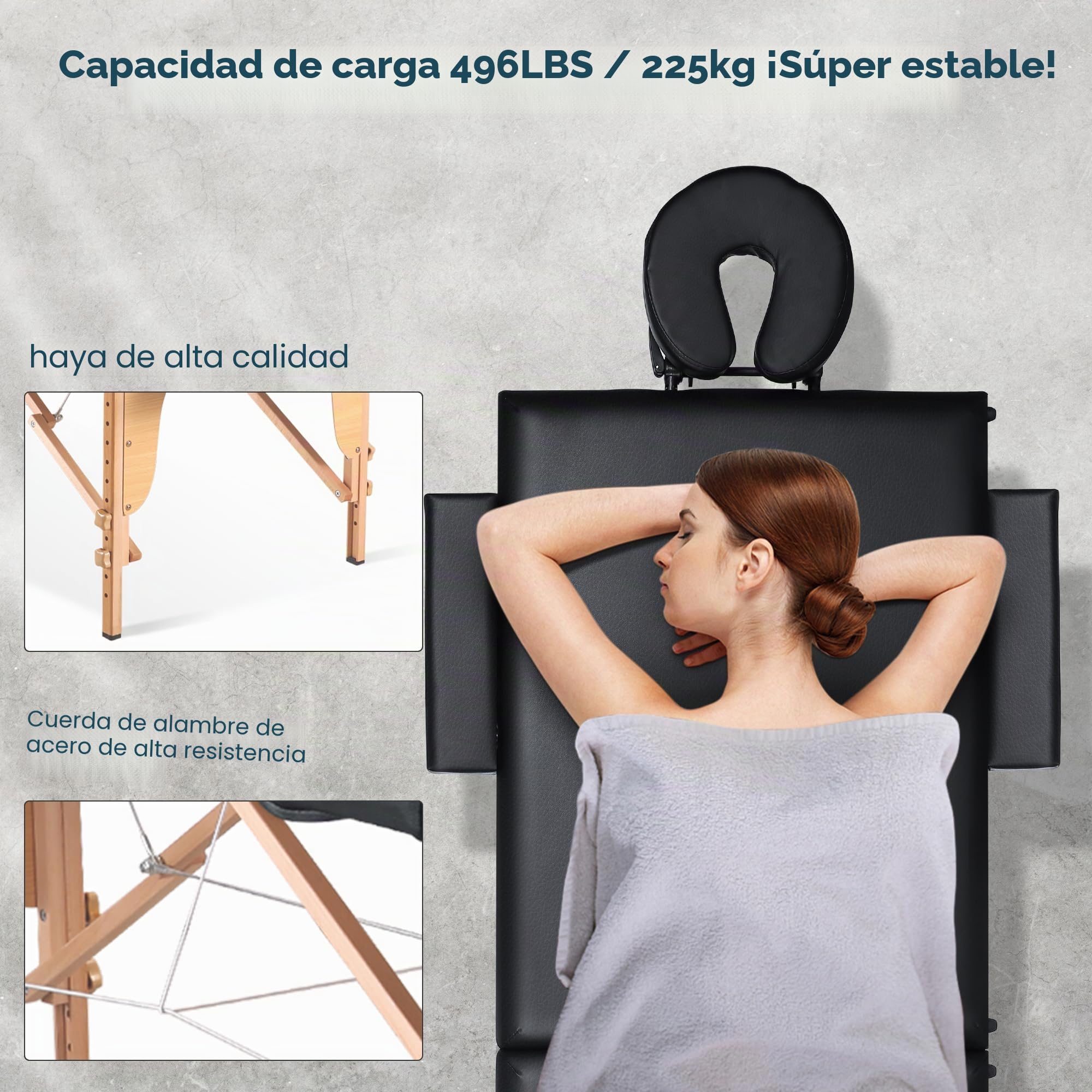 BODIOO Camilla de masaje plegable con patas de madera, 2 zonas, altura regulable, cama de masaje portátil, incluye reposacabezas y reposabrazos, soporta hasta 250 kg, color negro