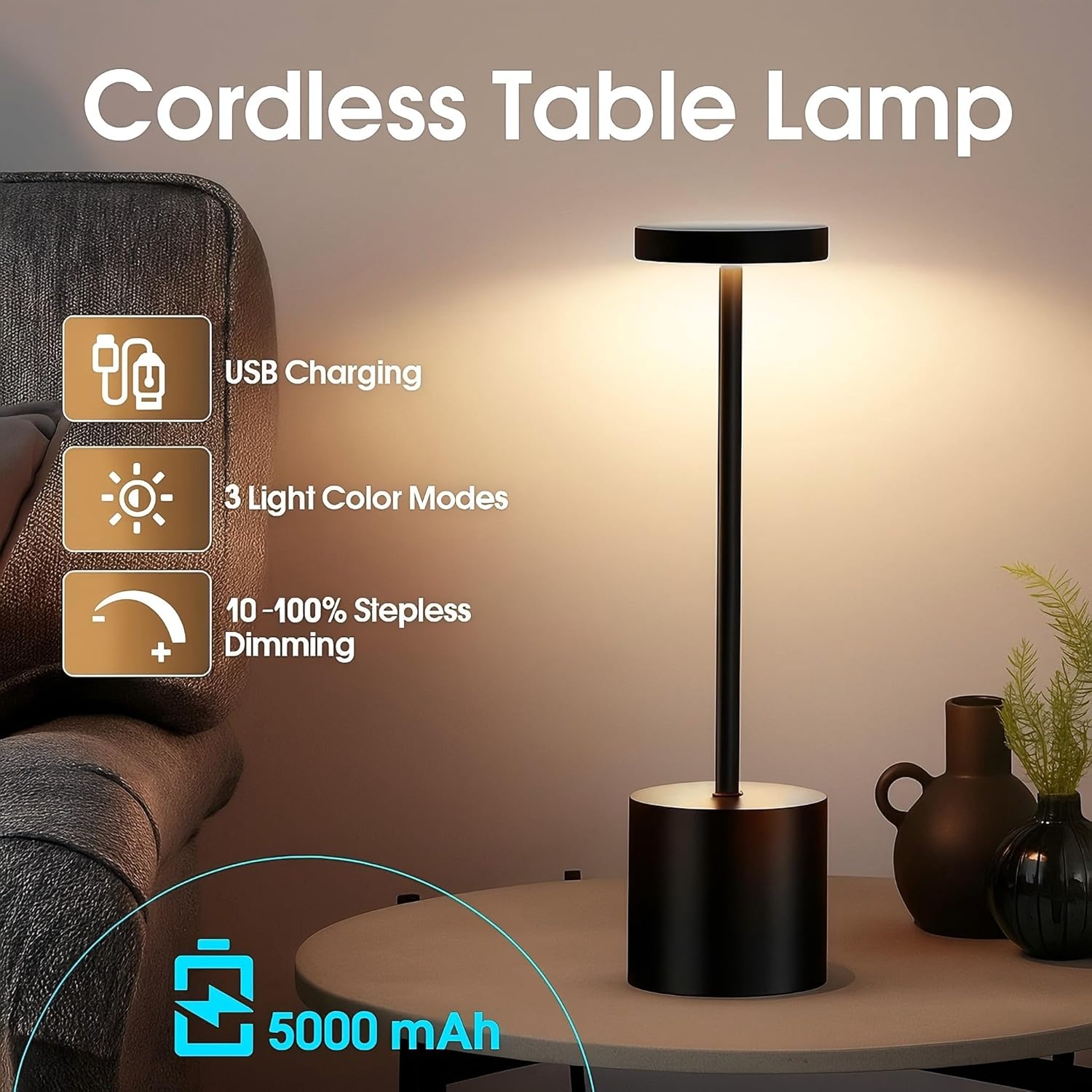 Cordless Table Lamp – 2 Pack Rechargeable Table Lamps, 5000mAh Battery Operated Lamp with 3-Color Dimmable Light, Outdoor Table Lamp for Bedroom, Restaurant, Patio, Home Décor (Black)