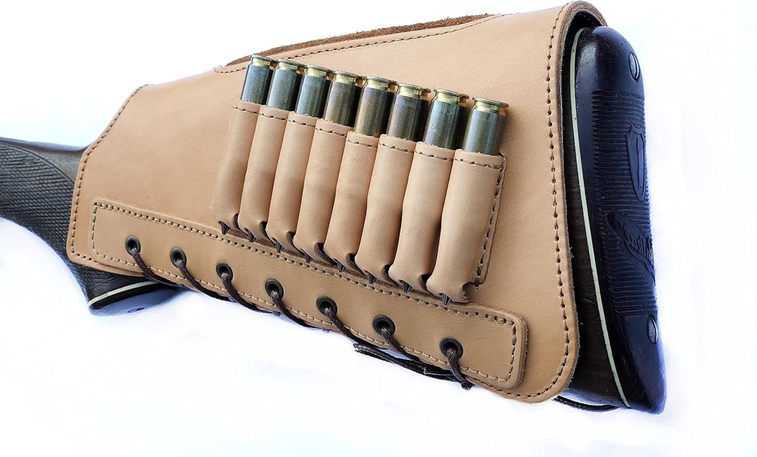 Leather Rifle Cartridges Ammo Stright Butt Stock Holder Carrier Cover Suede Padded Cheek Rest - 8 Rounds