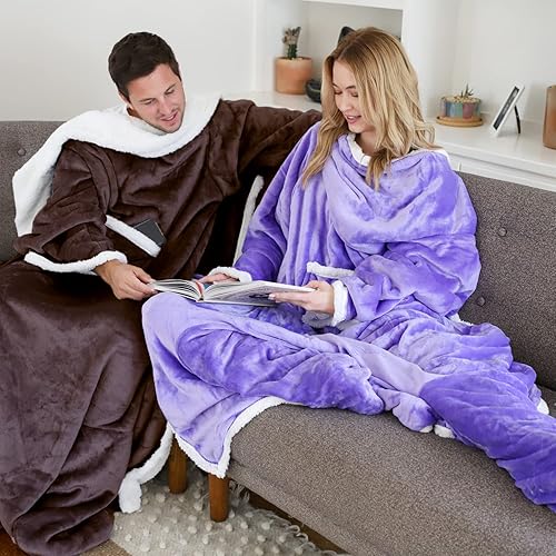 Miniatura 2 de Catalonia Manta de sherpa para llevar puesta, con mangas y compartimientos para los pies, para mujeres y hombres, cómoda y envolvente, idea de regalo