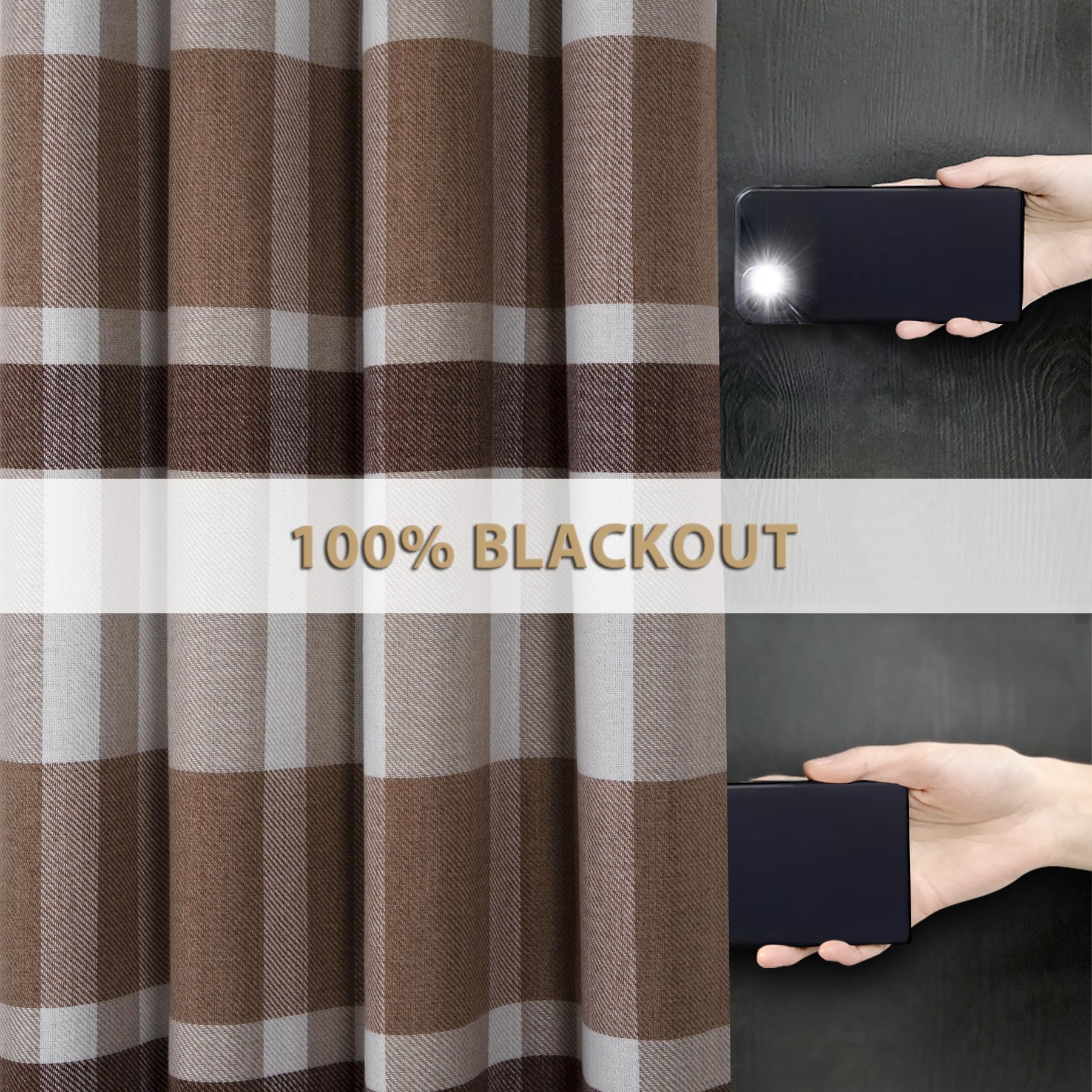 always4u 100% Blackout Curtains Check Eyelet Bedroom Tartan Curtain Plaid Woven Brushed Cheque Pair of Highland Woolen Look Window Treatment for Living Room Brown 46 * 90 Inches - Image 4
