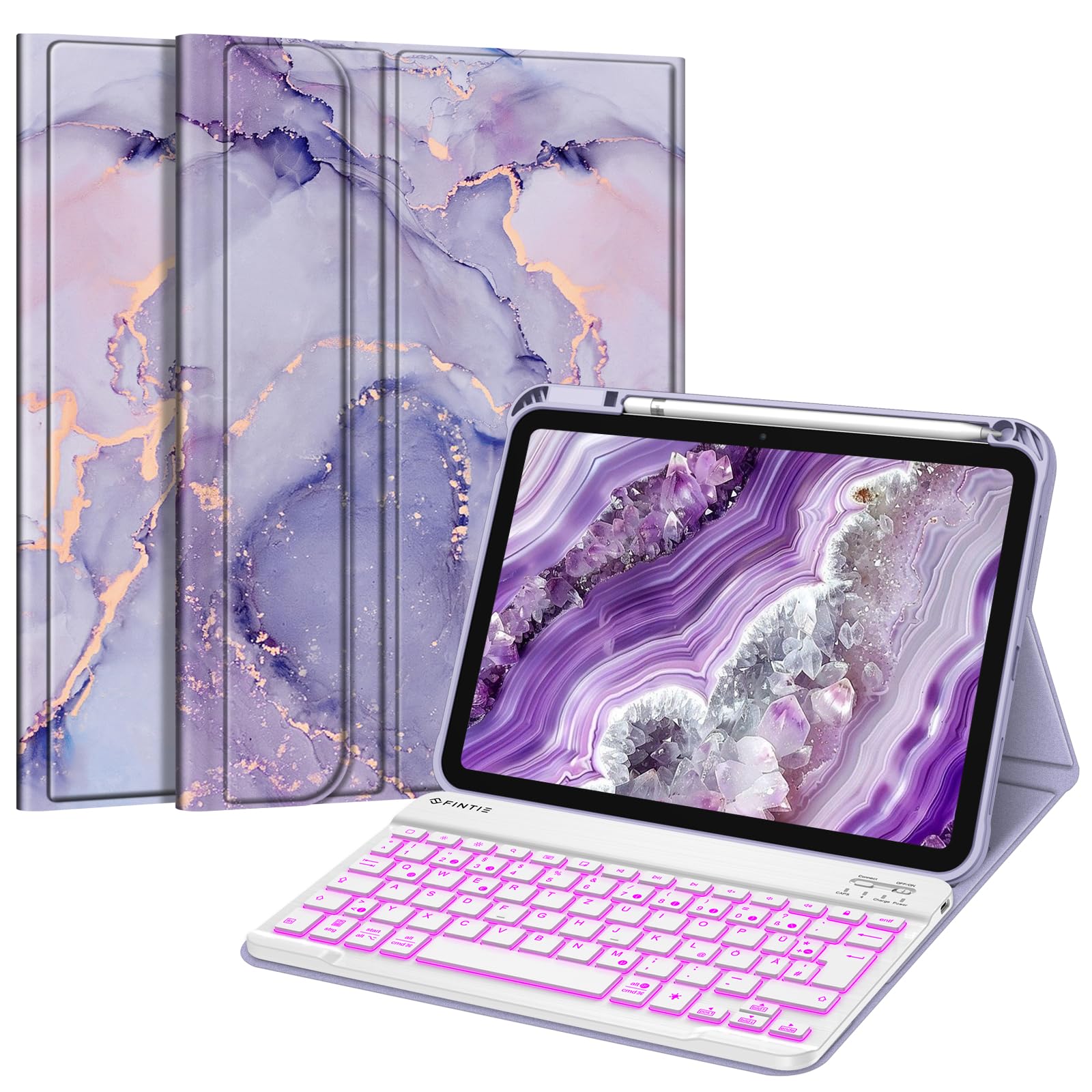 FINTIE Hülle mit Tastatur für iPad A16 11 Generation/10 Gen (11/10.9 Zoll, 2025/2022), 7-farbige Hintergrundbeleuchtung, Magnetische abnehmbare Bluetooth-Tastatur Hülle mit Stifthalter,