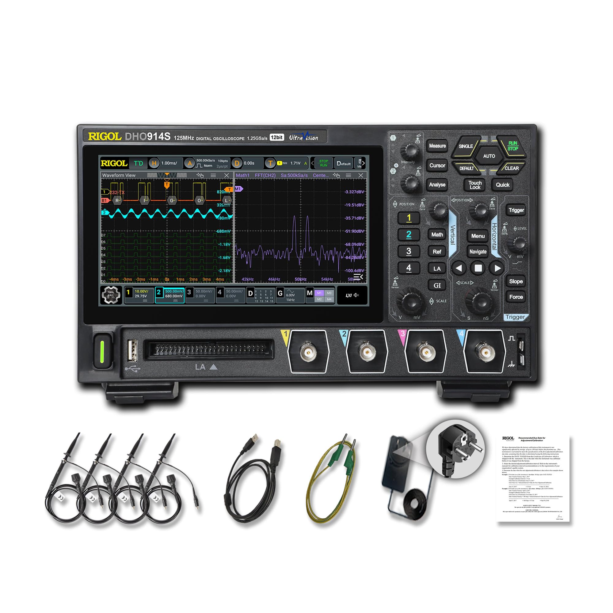 RIGOL Osciloscopio,DHO914S Osciloscopio Digital Portatil,125MHz,4A+16D canales,Resolución 12 bits,Pantalla táctil HD 7",Generador de señales integrado,Para pruebas en campo y enseñanza en laboratorio