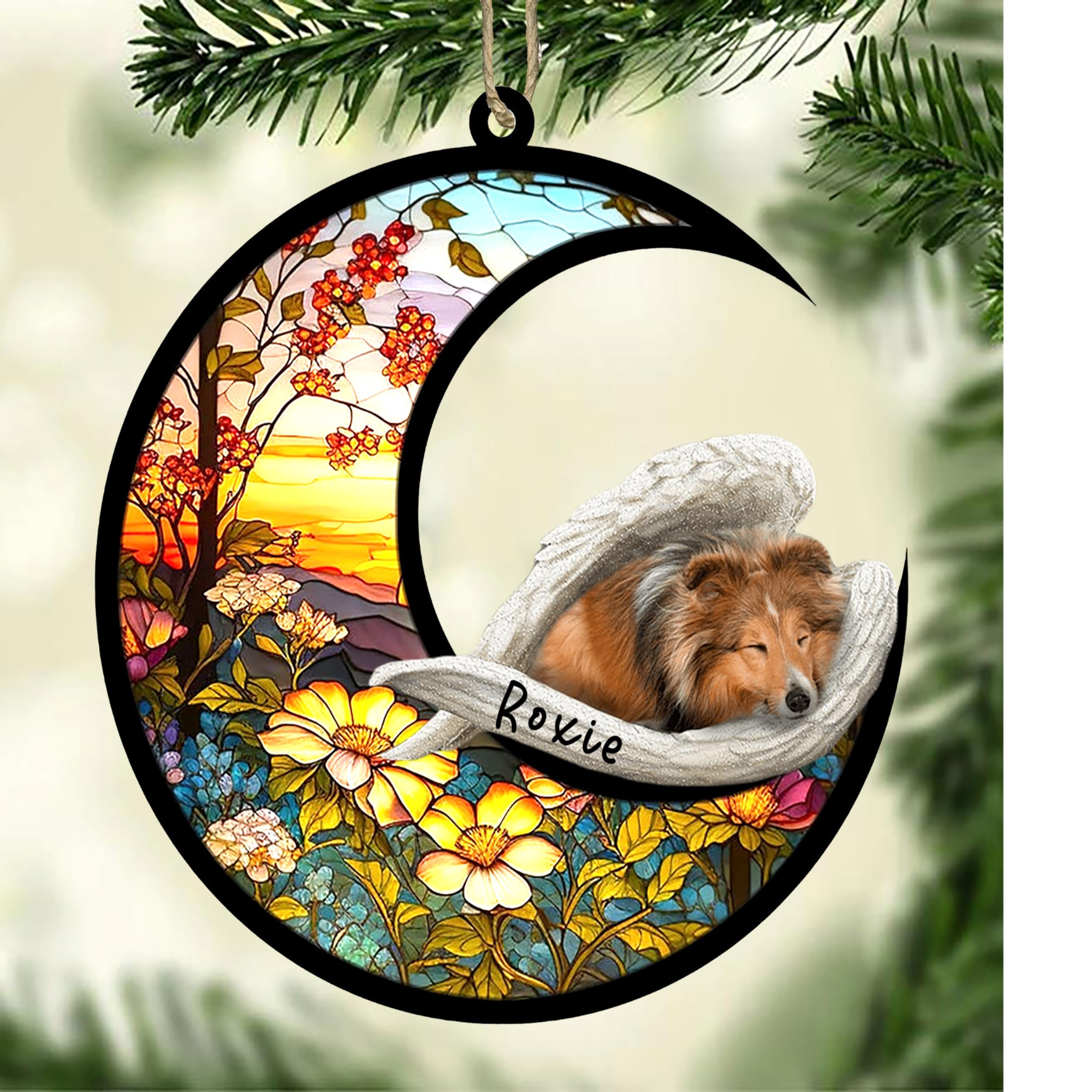 Personalized Sheltie Dog Memorial Suncatcher, Sheltie Christmas Ornament with Name, Pet Loss Catcher, Gifts for Dog Lovers Loss of Dog, Sheltie Sleep on Haven