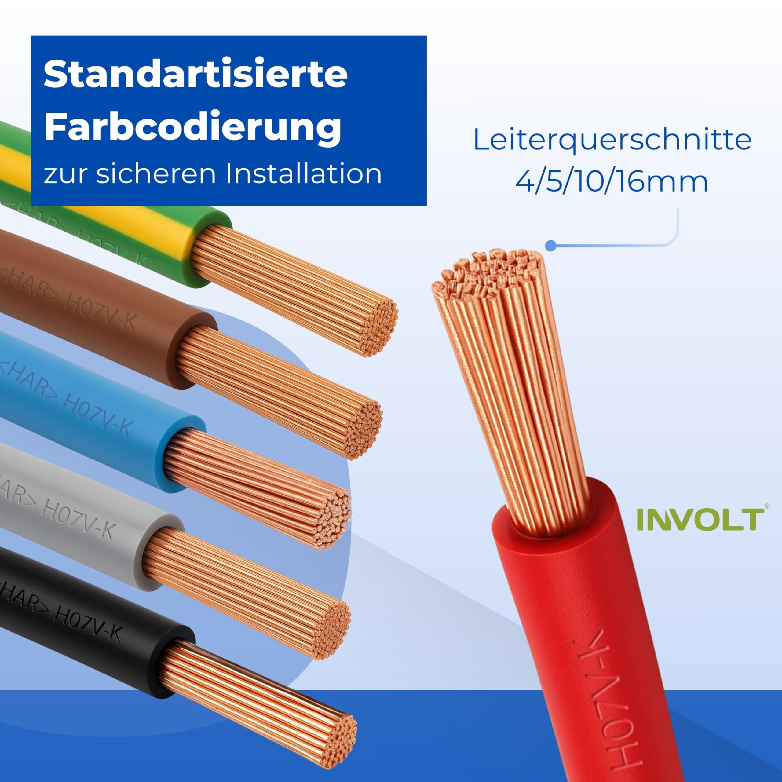 INVOLT H07V-K 10 mm² Verdrahtungsleitung 5 x 2m Set Einzelader Schwarz Blau Braun Grau Grün-Gelb mit Aderendhülsen Spannungsprüfer
