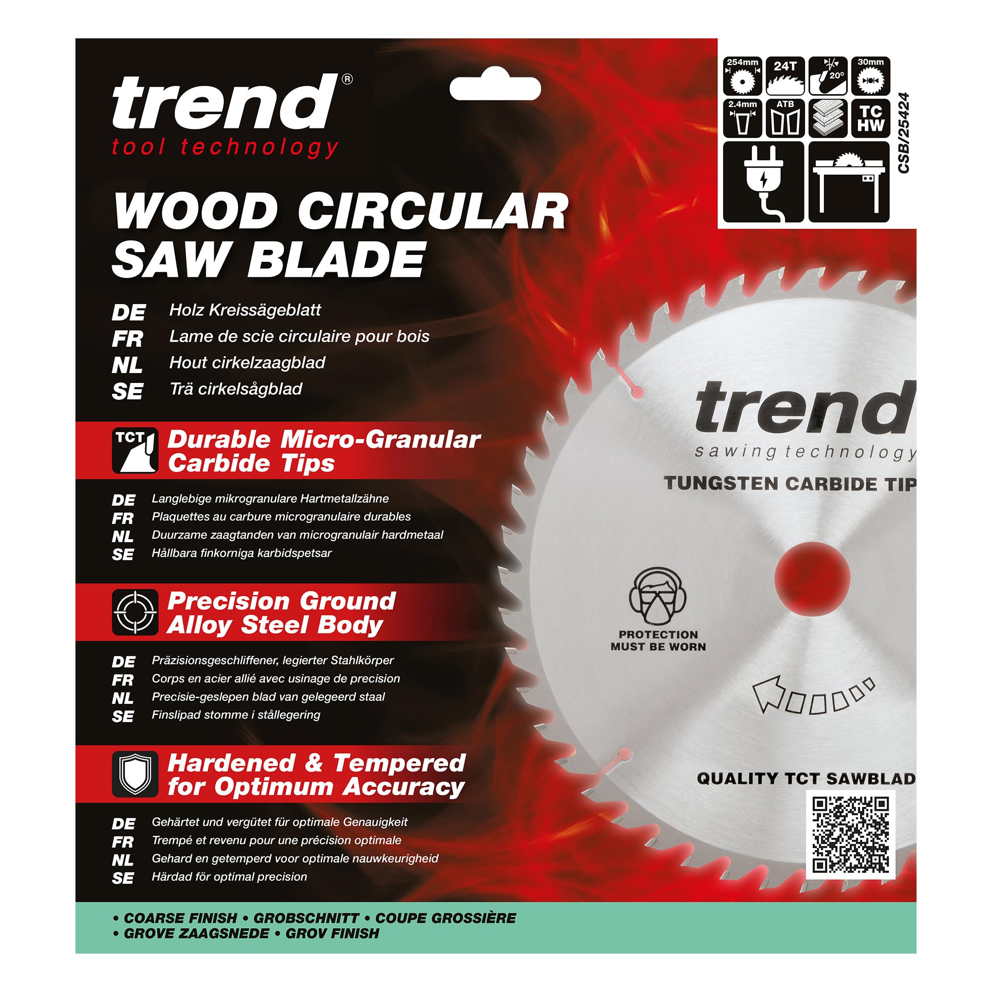 Trend Wood brzeszczot do piły tarczowej, średnica 254 mm, otwór 30 mm, 24 zęby, 2,4 mm szczelina tnąca, +hak 20°, TCT, gruba powierzchnia, CSB/25424
