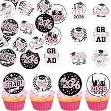 Rsstarxi 63 Pack Edible Class of 2026 Graduation Cupcake Toppers Edible Congrats 2026 Grad Cupcake Picks Grad Cap Cake Decorations for 2026 I Did It Graduation Theme Party Supplies Pink