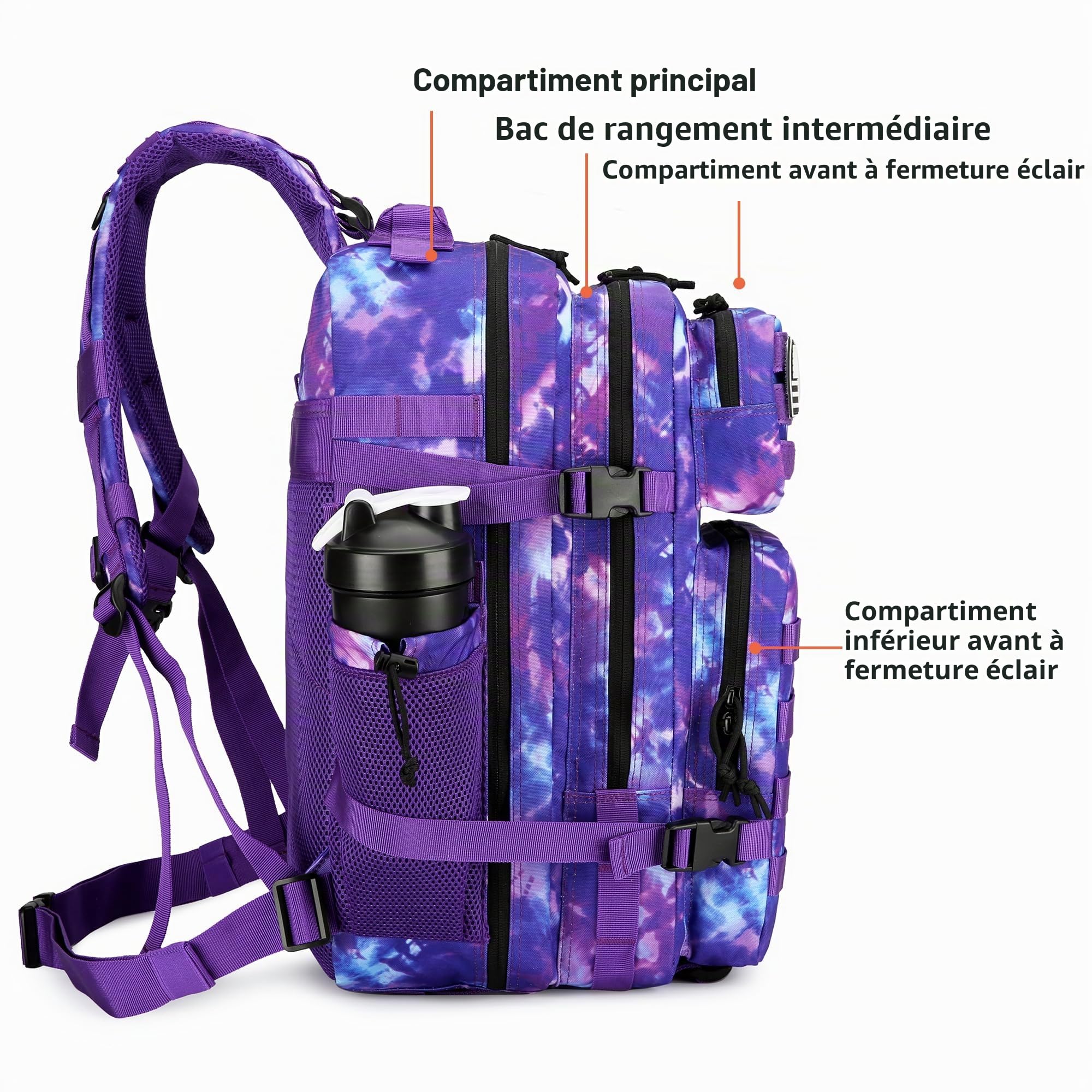 Lovelinks21 Sac à dos tactique d'assaut de 45 l avec sac à dos imperméable Molle pour sacs à dos tactiques, violet/camouflage, Large, Sac à dos