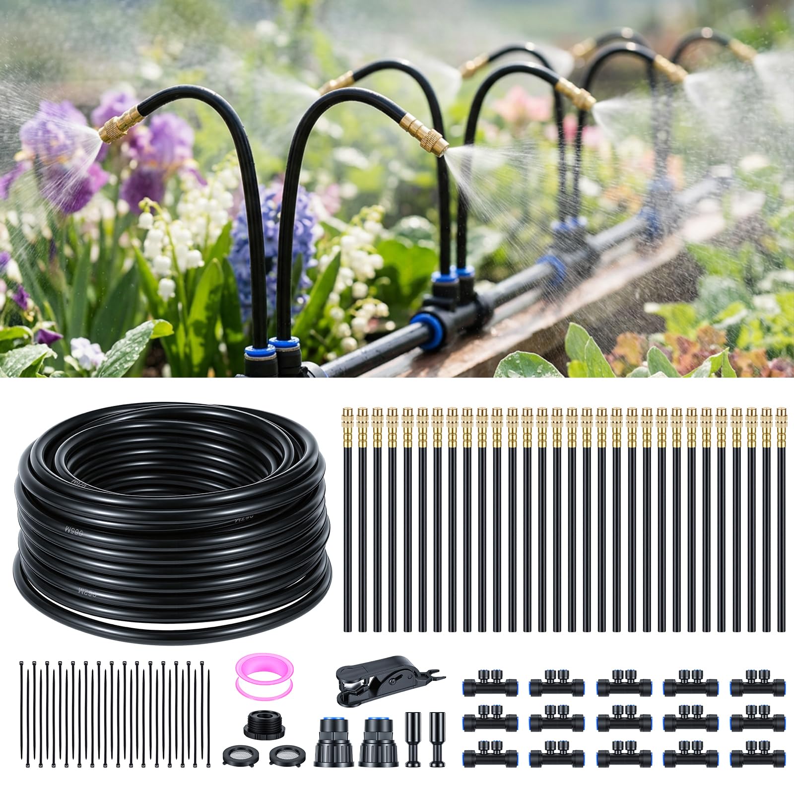 49ft Automatic Irrigation System Kit 360° Adjustable Drip Irrigation System Quick Connect DIY Garden Watering System with 30 Bendable Misting Nozzles for Greenhouse Yard Lawn Flower Vegetable Beds