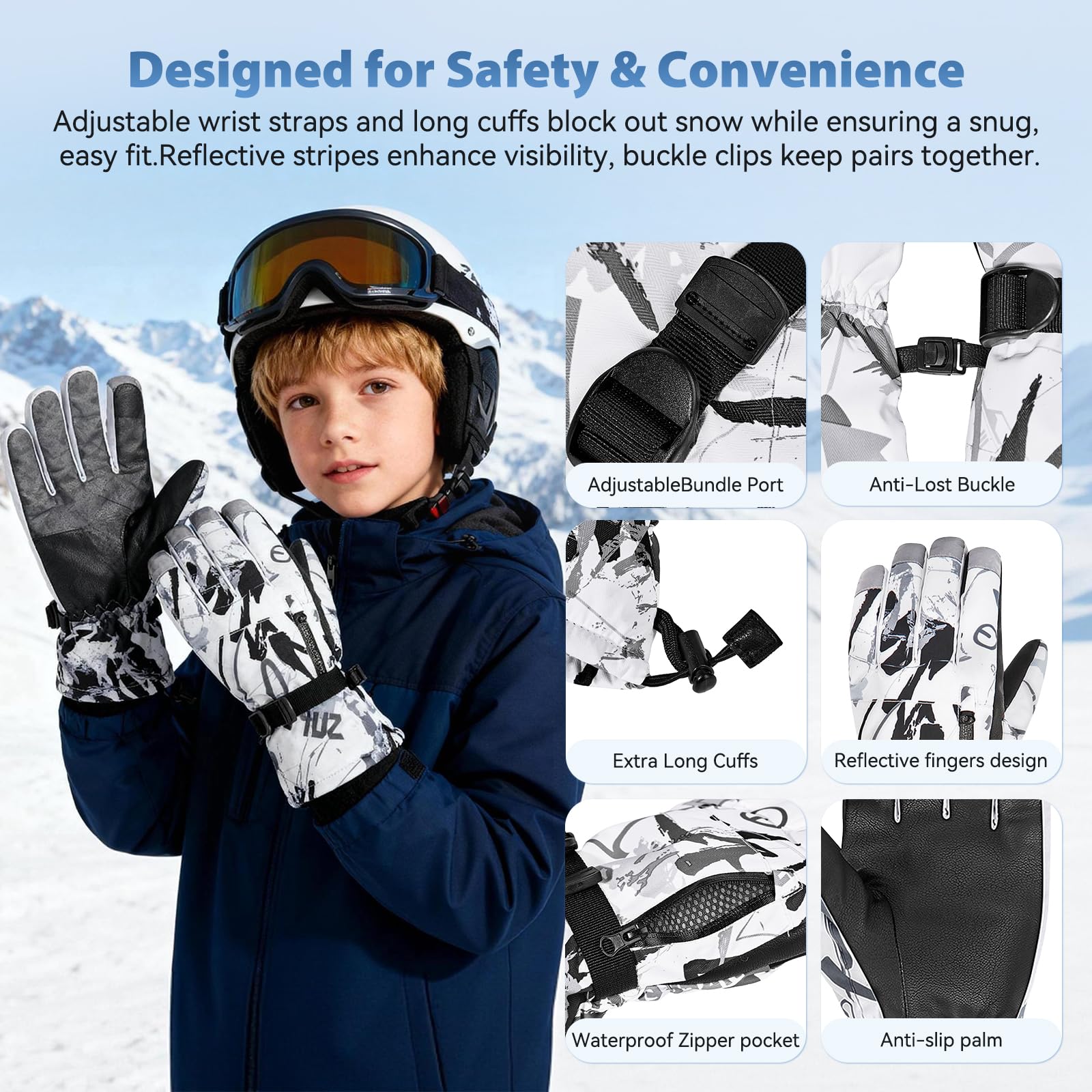Dziecięce rękawice zimowe wodoodporne z kieszenią na zamek błyskawiczny rękawice narciarskie chłopcy dziewczęta maluch wiatroszczelne rękawiczki snowboardowe z ekranem dotykowym