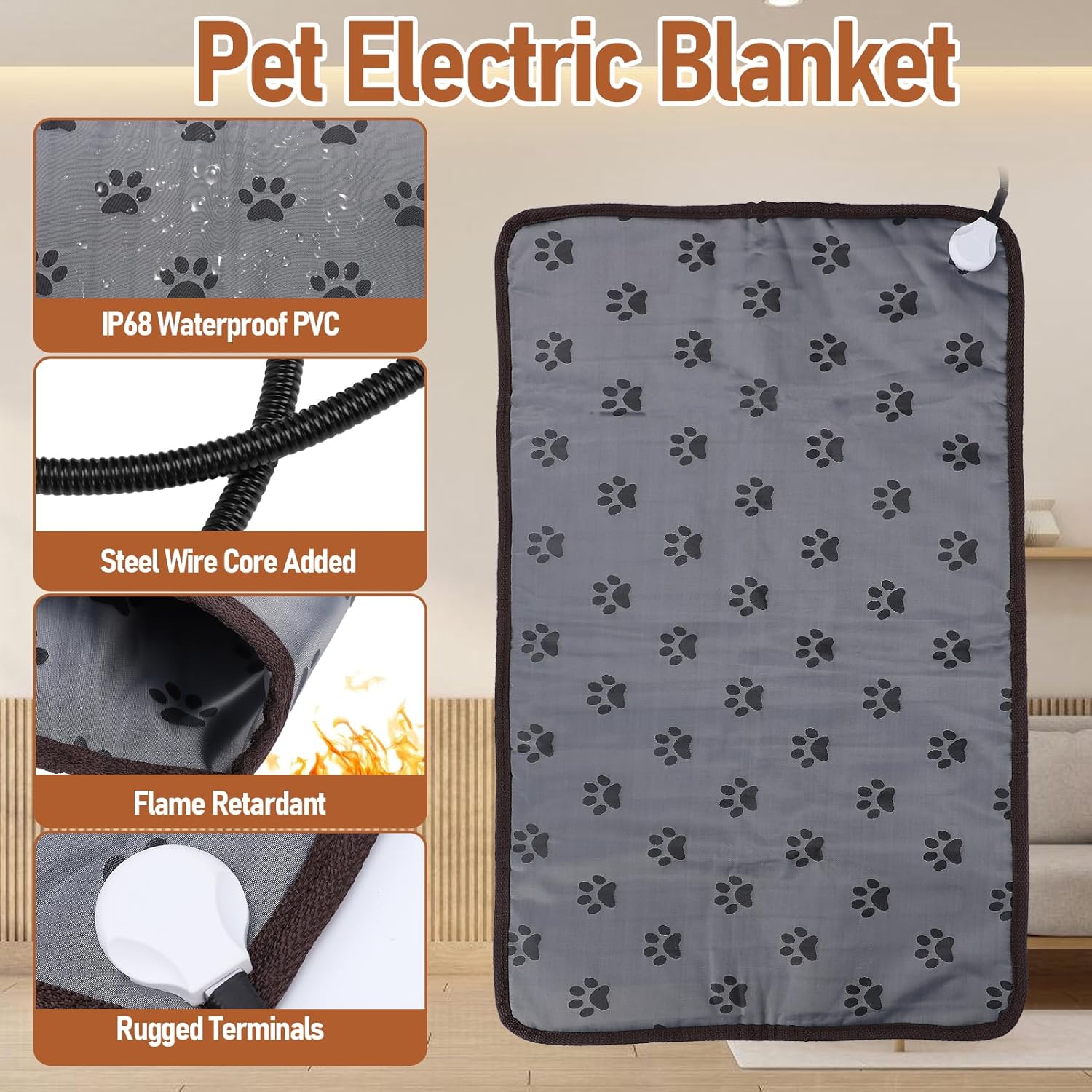 VINGVO Large Dog Heating Pad 34x21in with Smart Thermostat Switch and Power Line Protection Tube, Pet Cats Heating Pad Mat with 9 Adjustable Modes for Indoor Outdoor Puppy Cats (53x86cm)