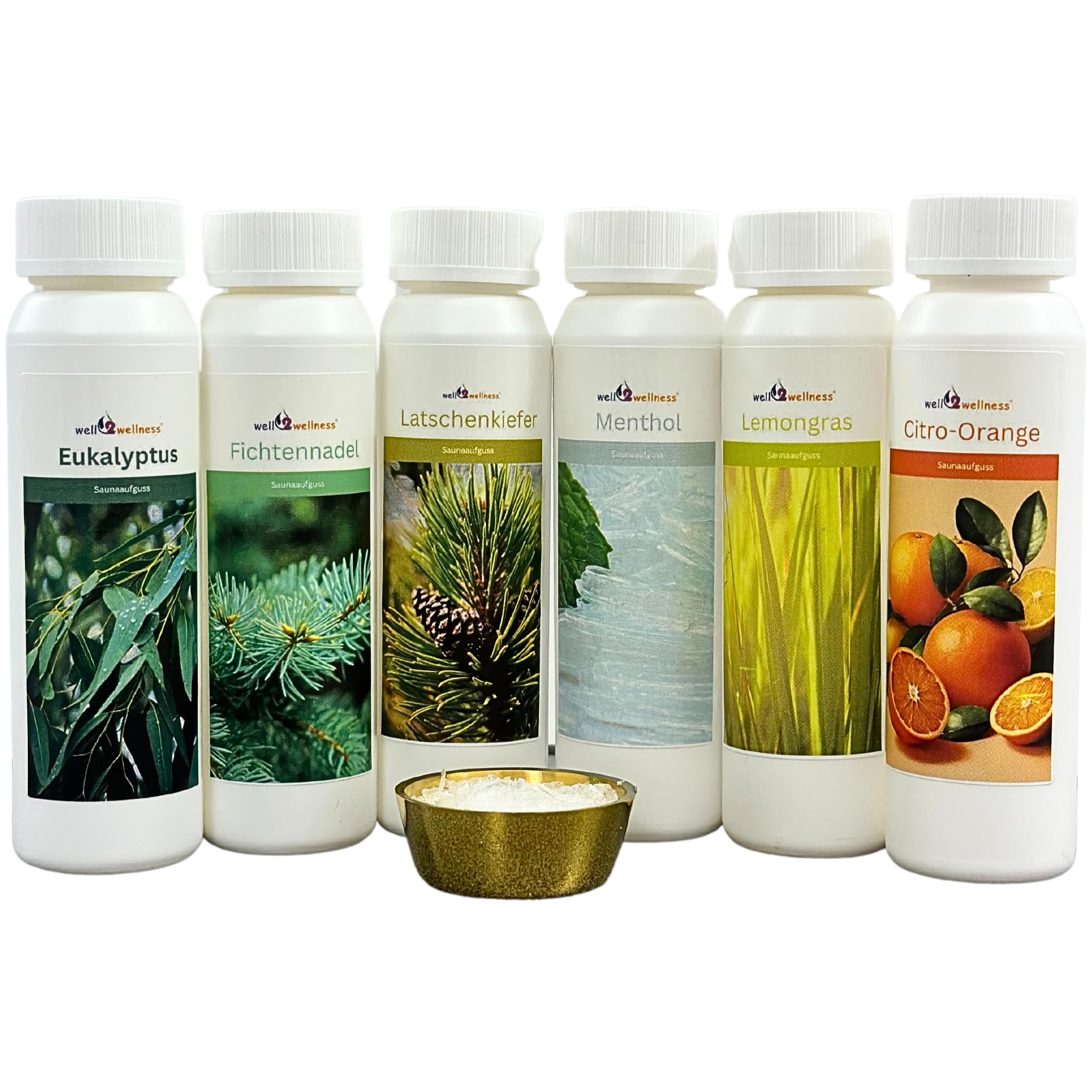 well2wellness® Saunaaufguss Set 'Probierset/Starter Set' 6 x 125 ml + gratis 10g Mentholkristalle