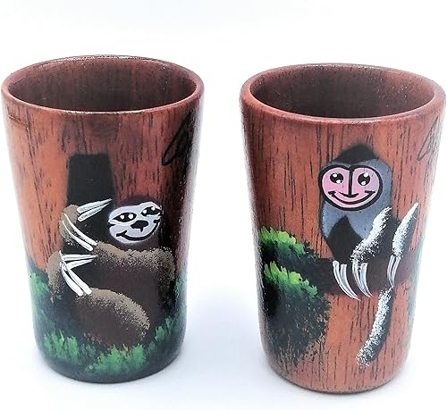 Miniatura 5 de Juego de 2 vasos de chupito de tequila de madera - Pintados a mano con diseños de mono y perezoso de la selva tropical costarricense - 1.5 fl oz o