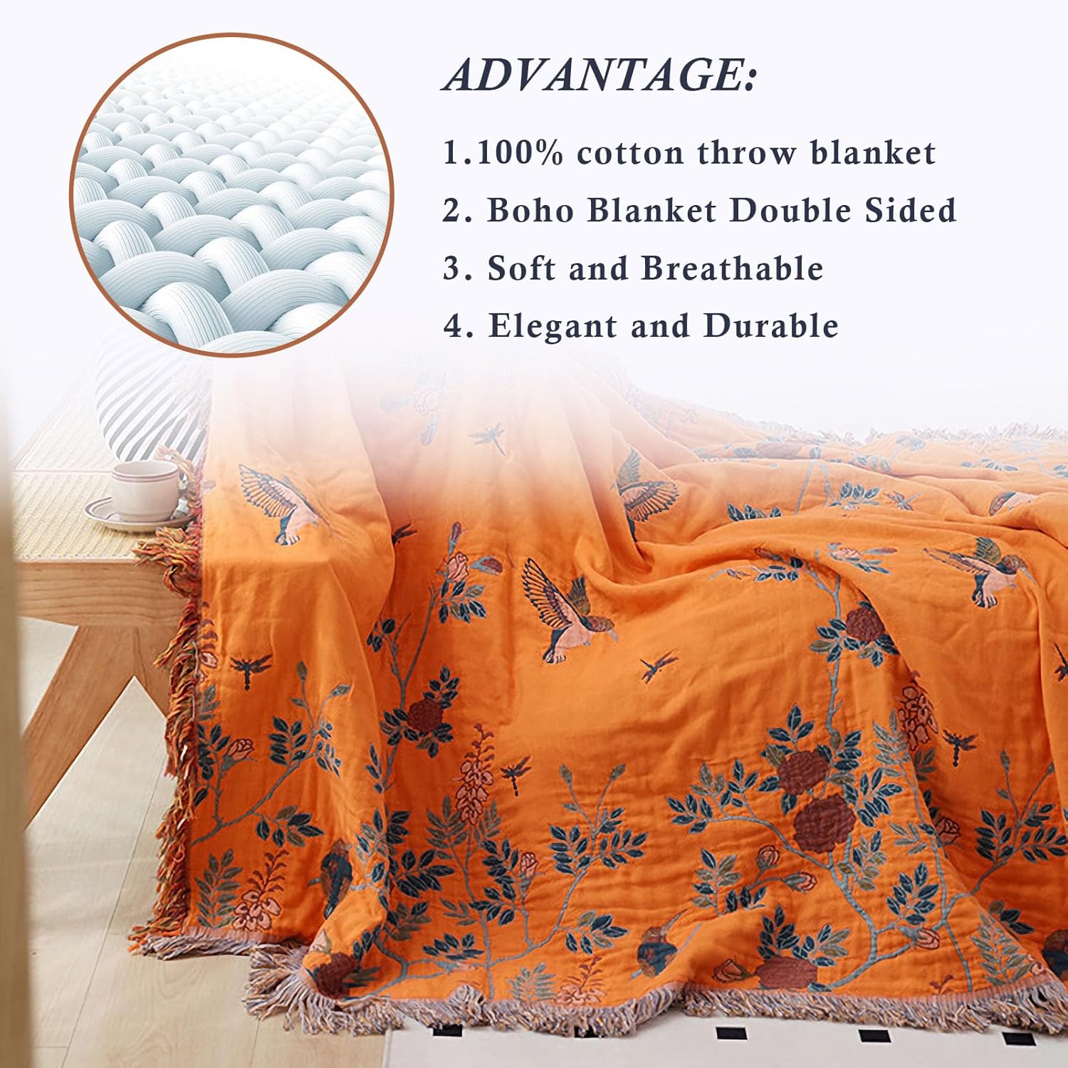 Snycler Boho Throw Blanket for Bed, 100% Organic Cotton Muslin Soft Throw-Floral Bird Farmhouse Rustic Spring Summer Fall Decor Blanket for Couch Sofa Quilt and Gift, 60" x 80" Orange - Image 5