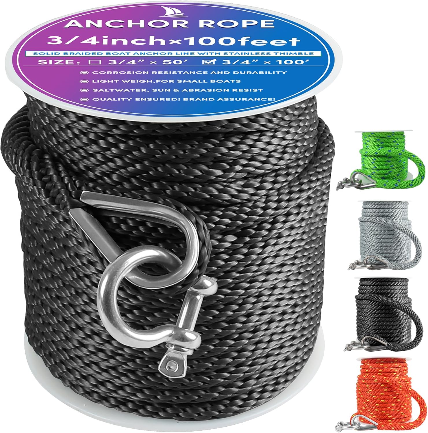 Premium Anchor Rope 100 ft x 1/2 inch, Solid Braid MFP Anchor Line Boat Rope with Thimble & Shackle - Black