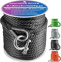 Vista 48 de Cuerda de anclaje premium de 50 pies x 1/2 pulgadas, línea de anclaje trenzada sólida MFP para barco con dedal y grillete - Negro