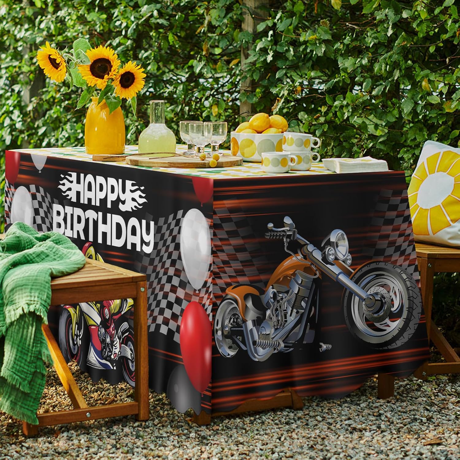 Motorcycle Table Skirt Race Checkered Happy Birthday Table Cover Decorations for Racing Theme Birthday Party Decor Picnic Camping Supplies Favors