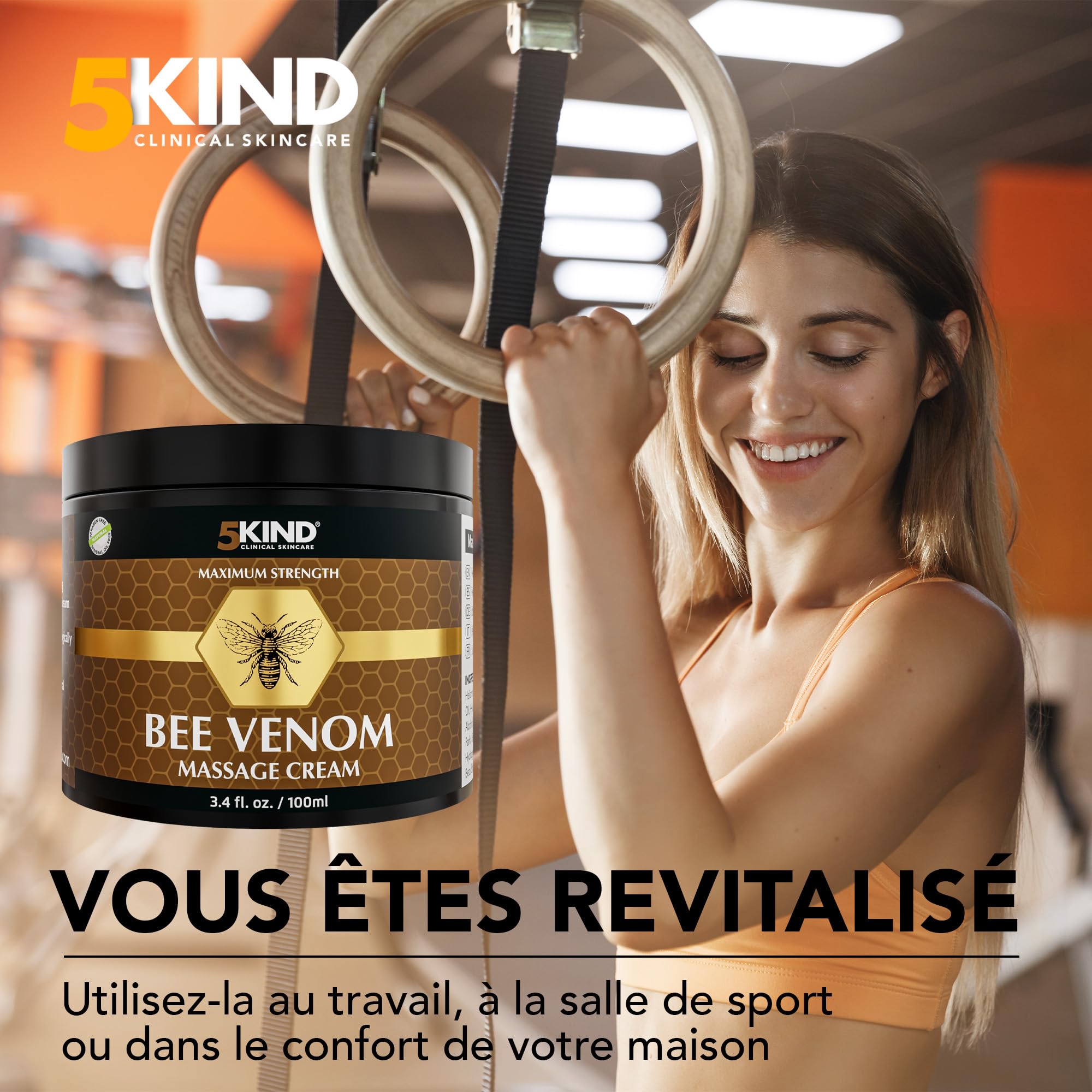 5Kind Creme Venin d'Abeille Maximum Strength 100ml - Bee Venom Cream - Massage Naturel des Articulations & Muscles, Bas du Dos, Genoux, Cou, Hanches & Pieds - Provenance Responsable