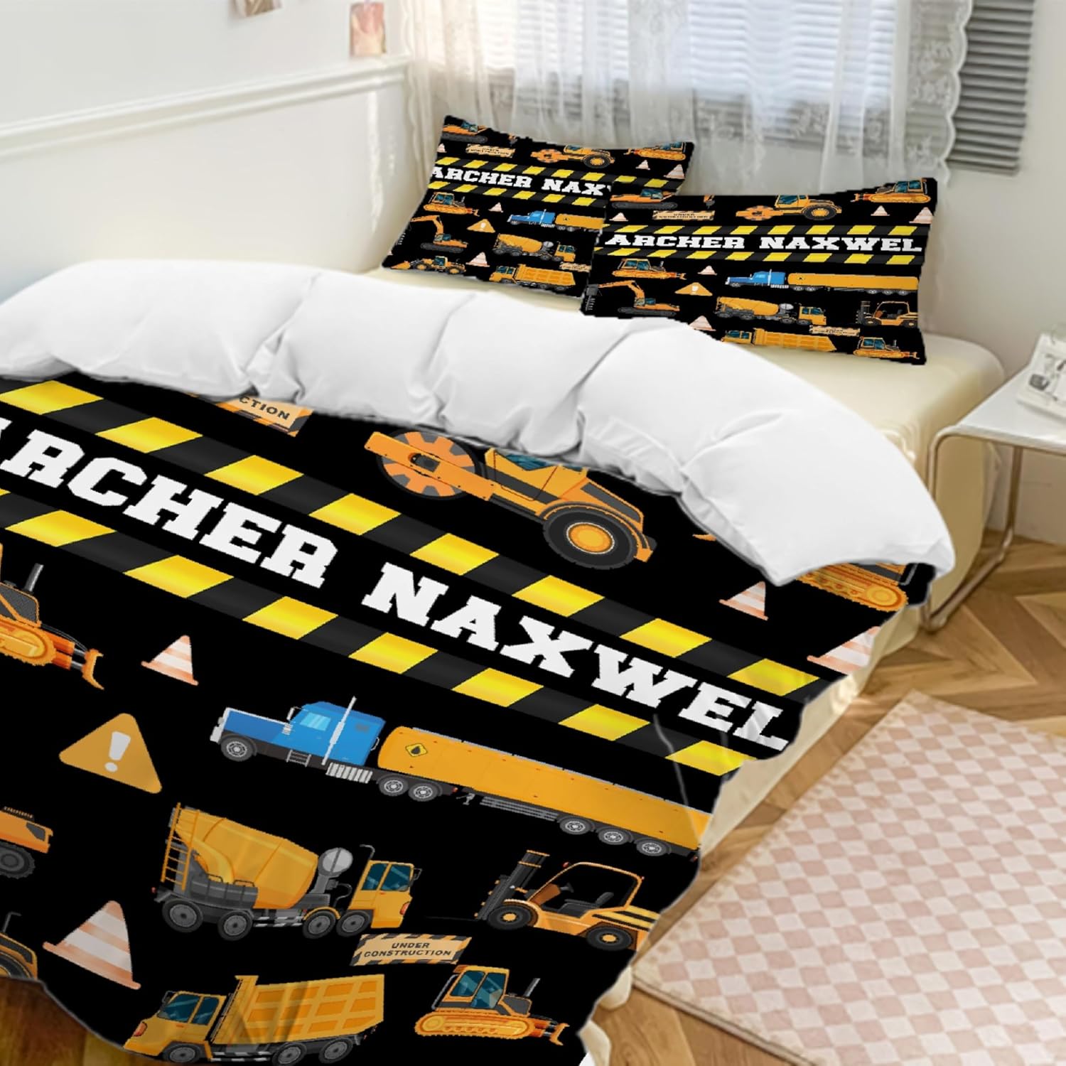 Custom Construction Bulldozer Truck Bedding Set for Girls Boys Twin Full Queen King Personalized Construction Duvet Cover Set with Name Super Soft Trucker Customized Comforter Cover Set 3 Pieces