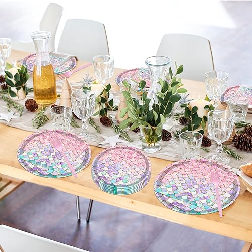 Miniatura 6 de Juego de vajilla de 96 piezas de platos y servilletas de sirena, suministros para fiesta de cumpleaños de sirena, decoración de fiesta de cumpleaños