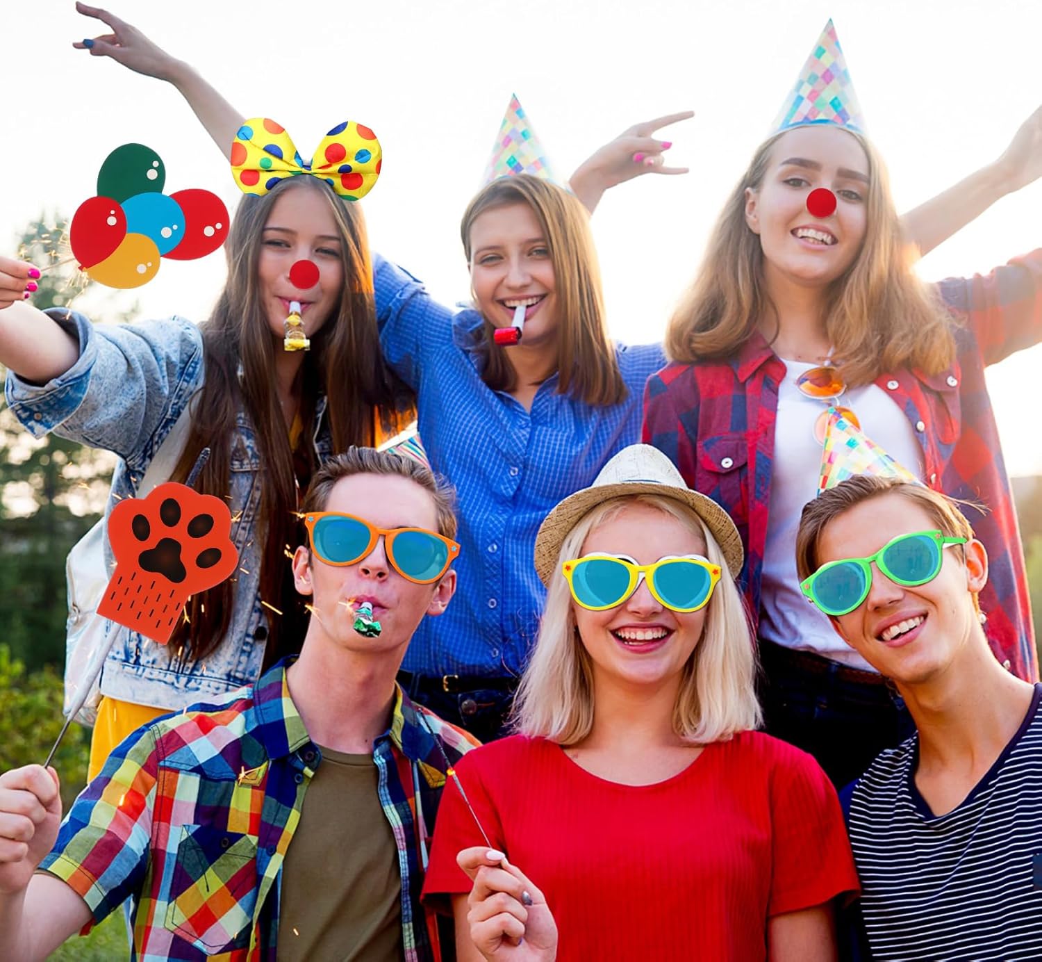 XunYee 57 Pcs Carnival Party Decoration Include Circus Photo Booth Props Clown Wig Silver Wig Clown Headband Clown Nose Funny Plastic Glass Clown Accessory Kit Party Supplies Carnival Birthday Party
