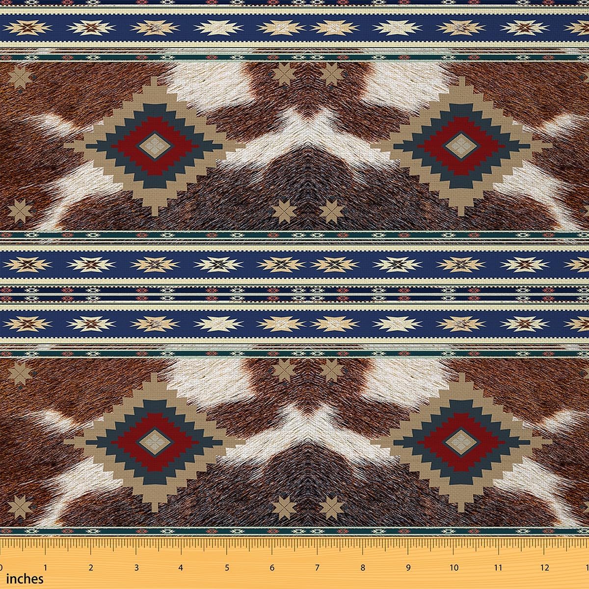 Ethnic Geometric Fabric by The Yard 3 Yard, Blue Brown Cowhide Tribal Print Upholstery Fabric for for Kids Southwestern Aztec Decorative Waterproof Outdoor Fabric Kids Bohemian Outdoor Fabric