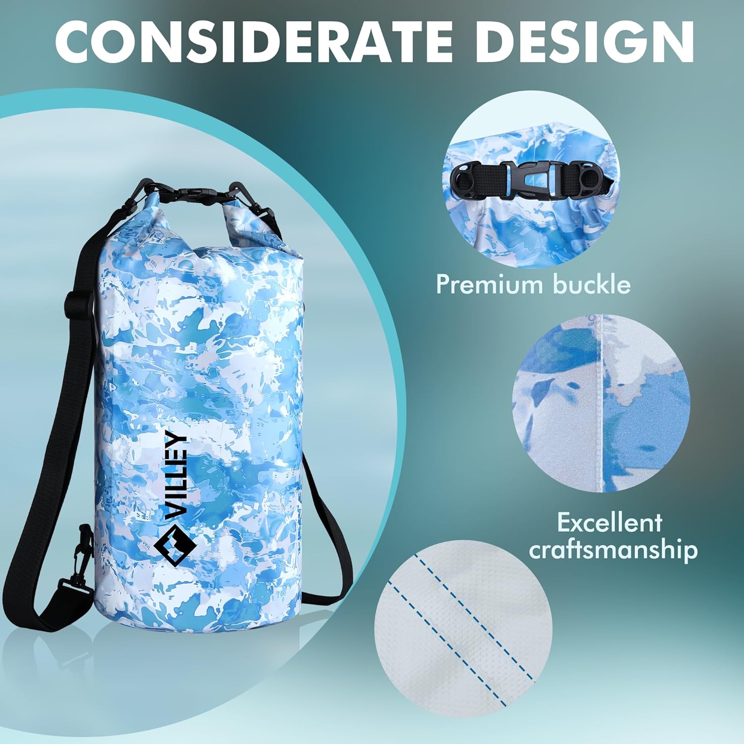 VILLEY Dry Bag Waterproof 20L Roll Top Sack Keeps Gear Dry Lightweight Sack for Kayaking Boating Camping Swimming and Beach Adventures Blue Camo - Image 4