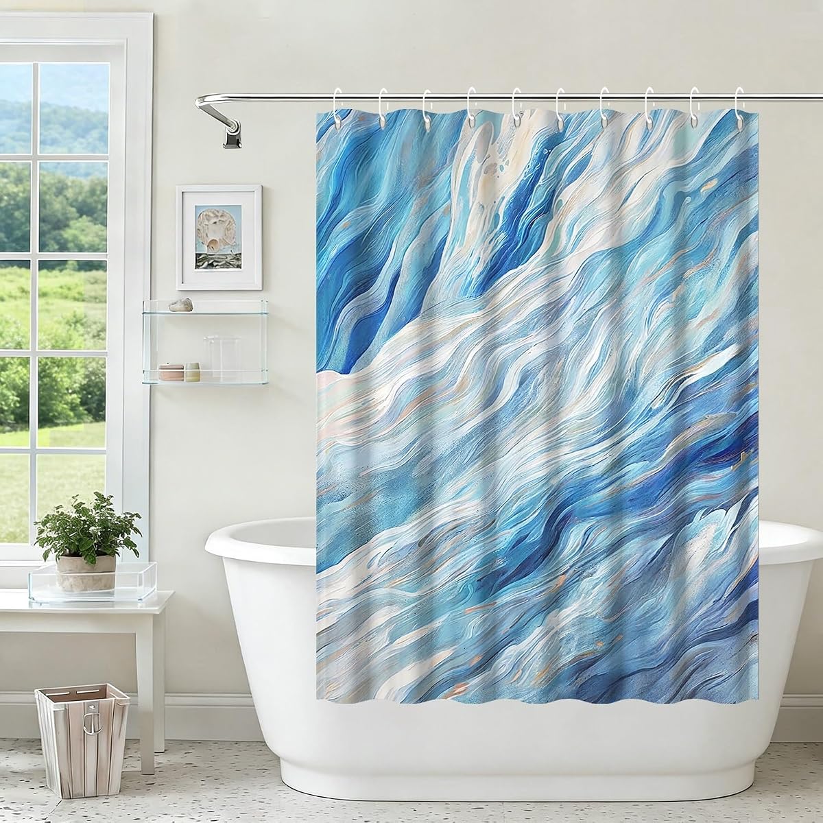 Yeele Blue Fluid Art Wave Shower Curtain, Abstract Watercolor Coastal Shower Curtain, Waterproof Machine Washable Fabric Bath Curtain 54x72 Inch with Hooks