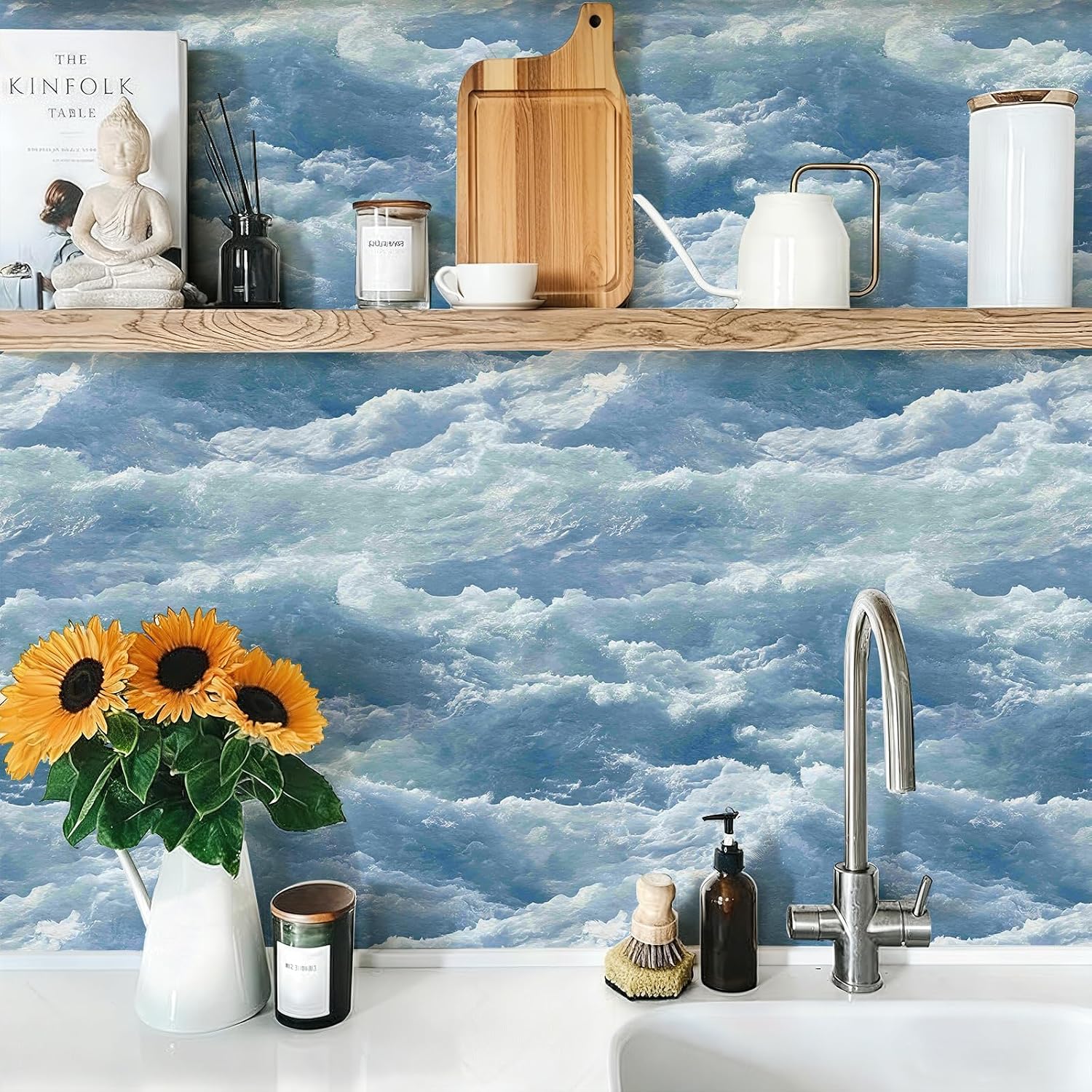 Blue Ocean Wave Wall Paper Peel and Stick Removable 17.7" x 236.22" Waterproof Stain Resistant Wallpaper Self Adhesive Watercolor for Classroom Bedroom Laundry Room Bathroom