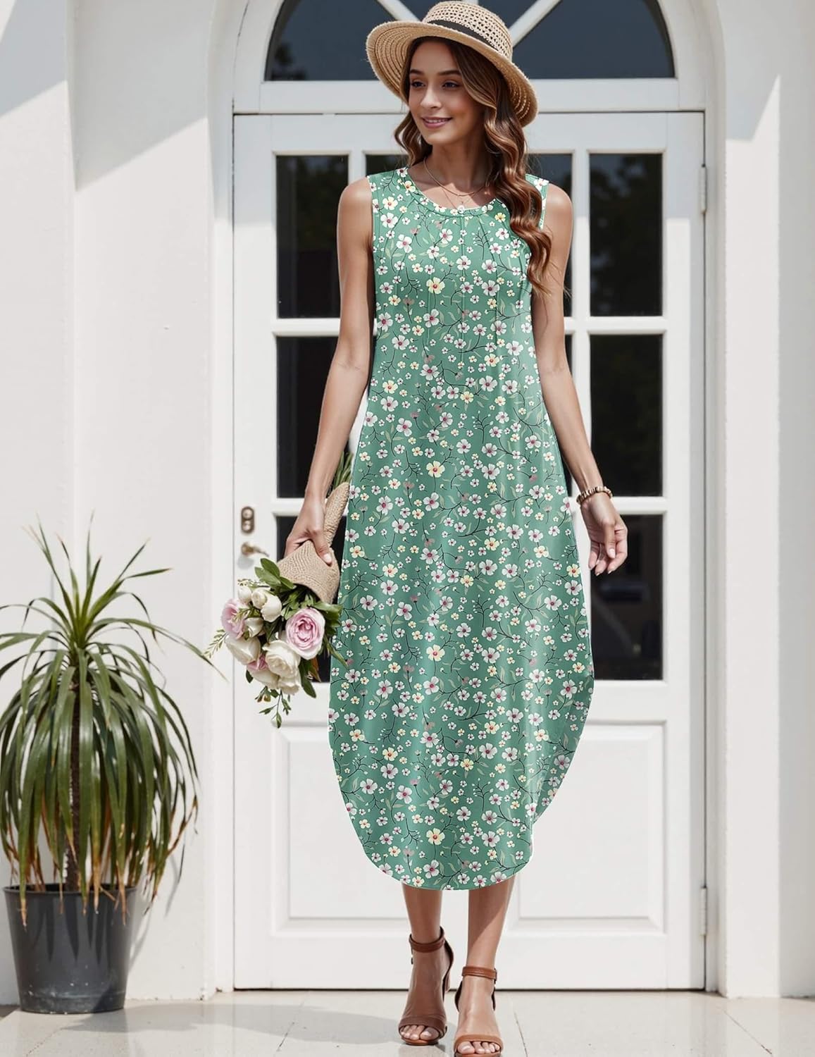 Zeagoo Women Floral Summer Casual Beach Printed Tank Dress with Pockets Pleated Front Long Dress - Image 2