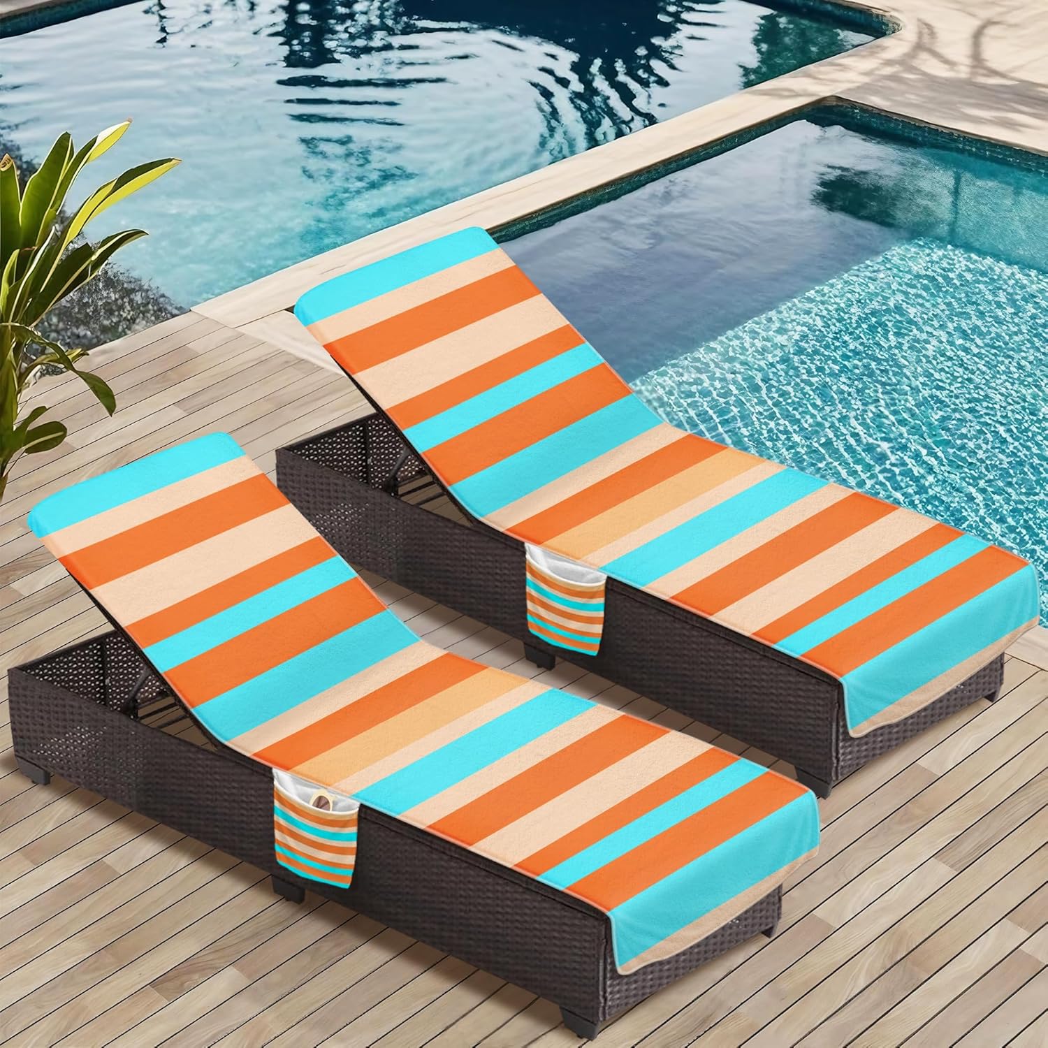 Lounge Chair Towel Cover, Chaise Lounge Covers (Pack of 2), Striped Lounge Chair Towels with Fitted Top Pocket for Pool, Beach,Vacation Travel, 85 x 30 in, Striped Sky Blue Orange