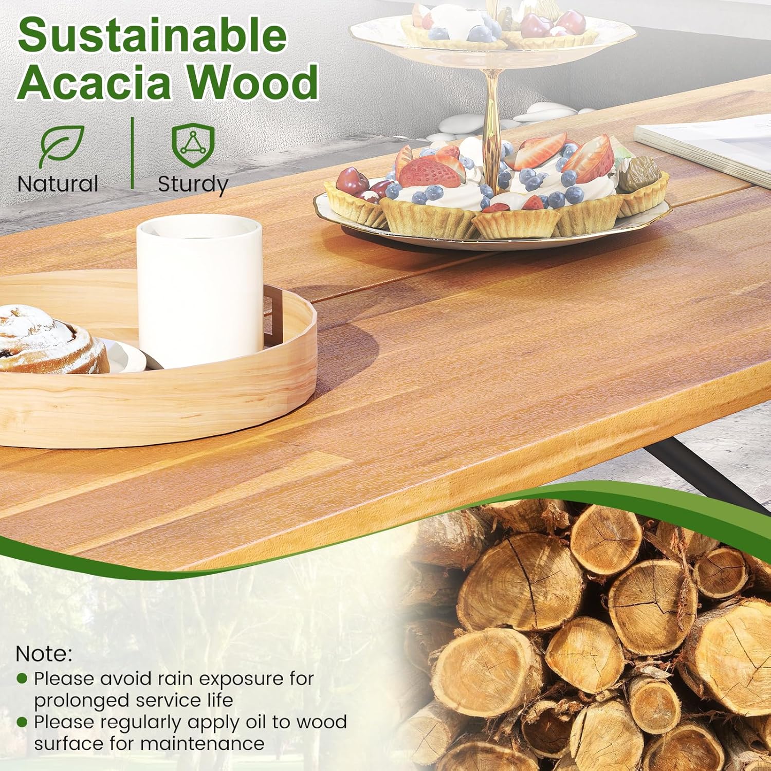 HAPPYGRILL Picnic Table Bench Set for 2, Acacia Wood Dining Table and Bench Set with Heavy Duty Metal Frame, for Patio, Porch, Garden and Backyard