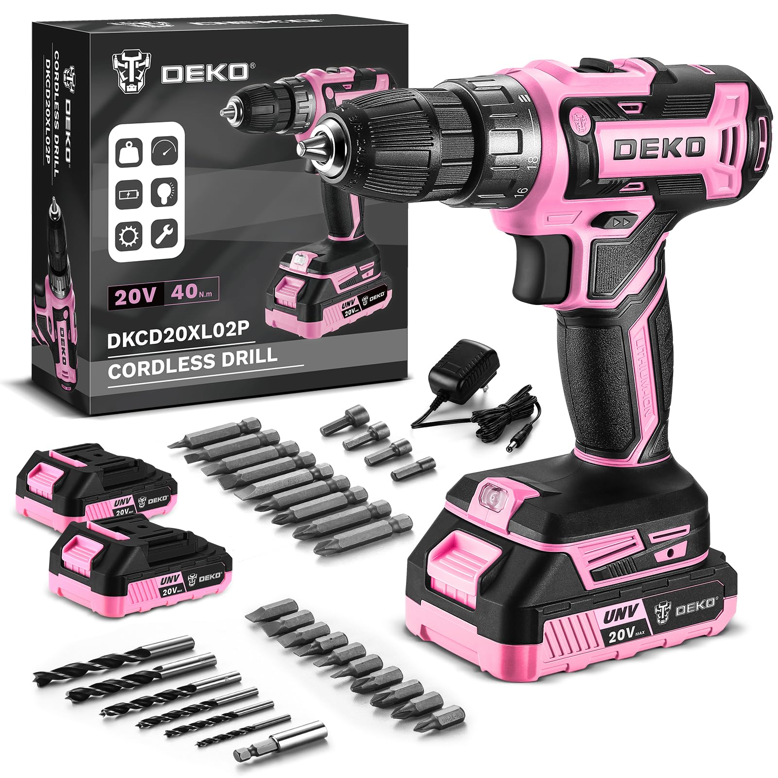 Power Drill Cordless: DEKOPRO 20V Cordless Drill Set with LED Light, 30Pc Electric Drill Accessories, Pink Drills with Two 2.0Ah Batteries and Charger Drills Driver Kit for Wood, Metal and Screws
