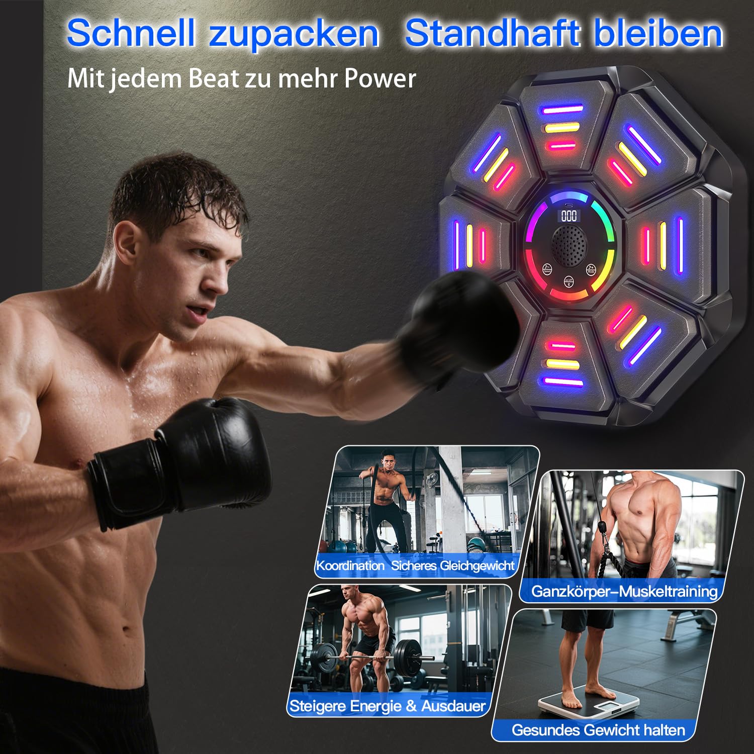 Music Boxing Machine, 8 Targets Boxautomat mit Boxhandschuh, 9 Geschwindigkeit und 9 Modi, Led Licht mit Smart Bluetooth Für Erwachsene und Kinder Übung